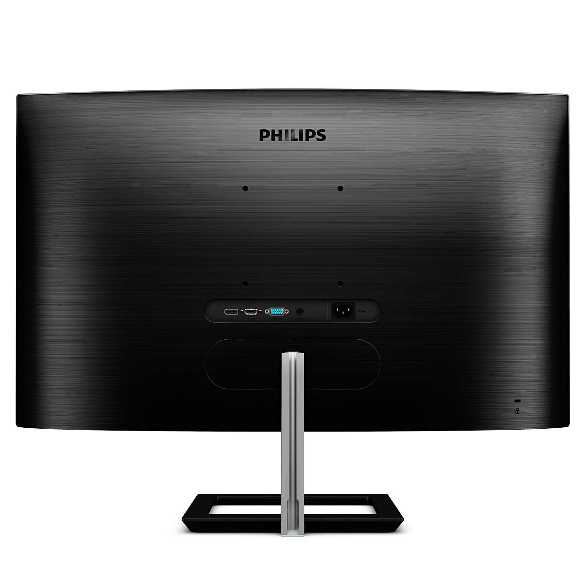 Tył monitora Philips. Czarny ze srebrną podstawą. Porty: HDMI, VGA i zasilanie. Logo Philips u góry.