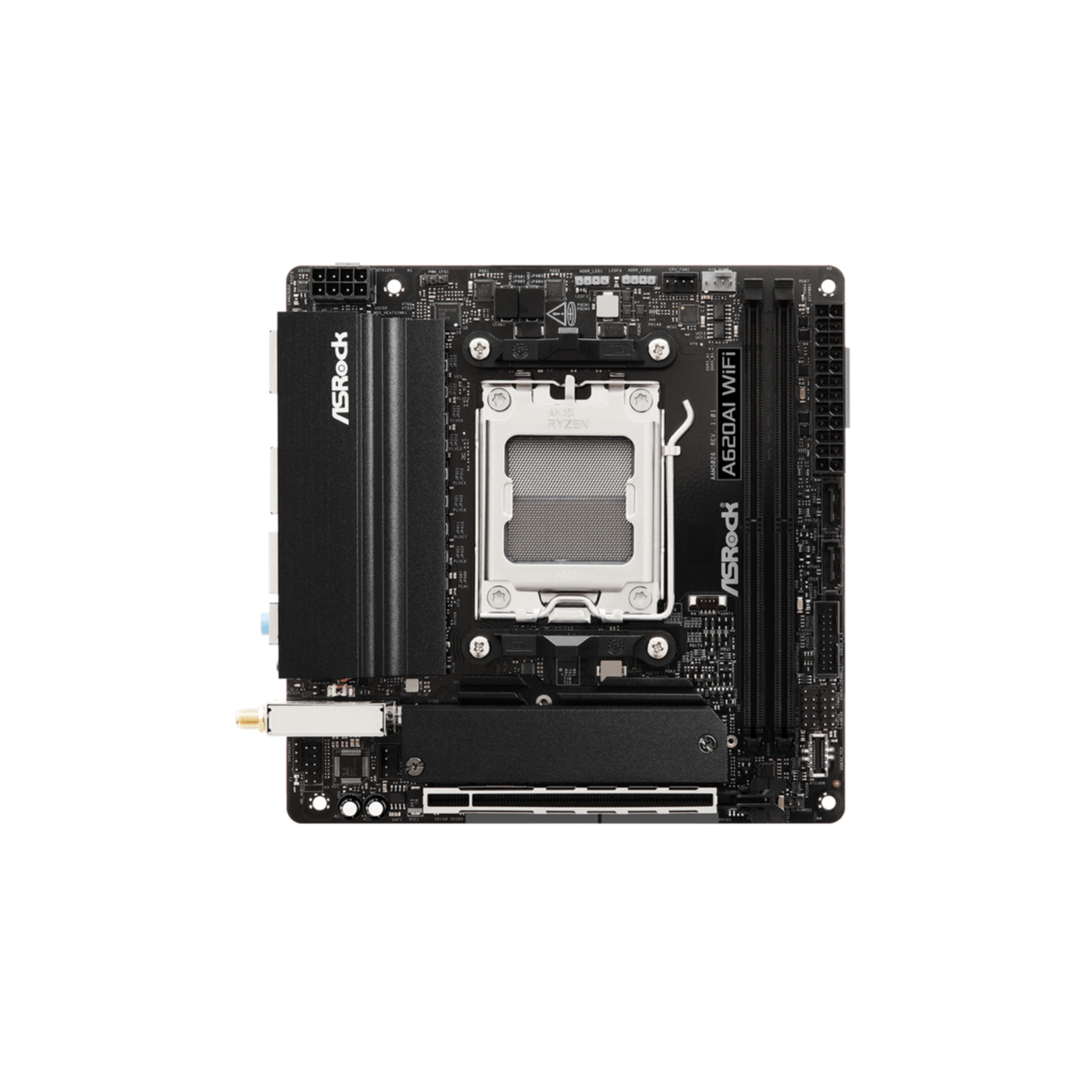 Czarna płyta główna ASRock A620AI WiFi z centralnym gniazdem CPU, różnymi złączami i logo Ryzen.