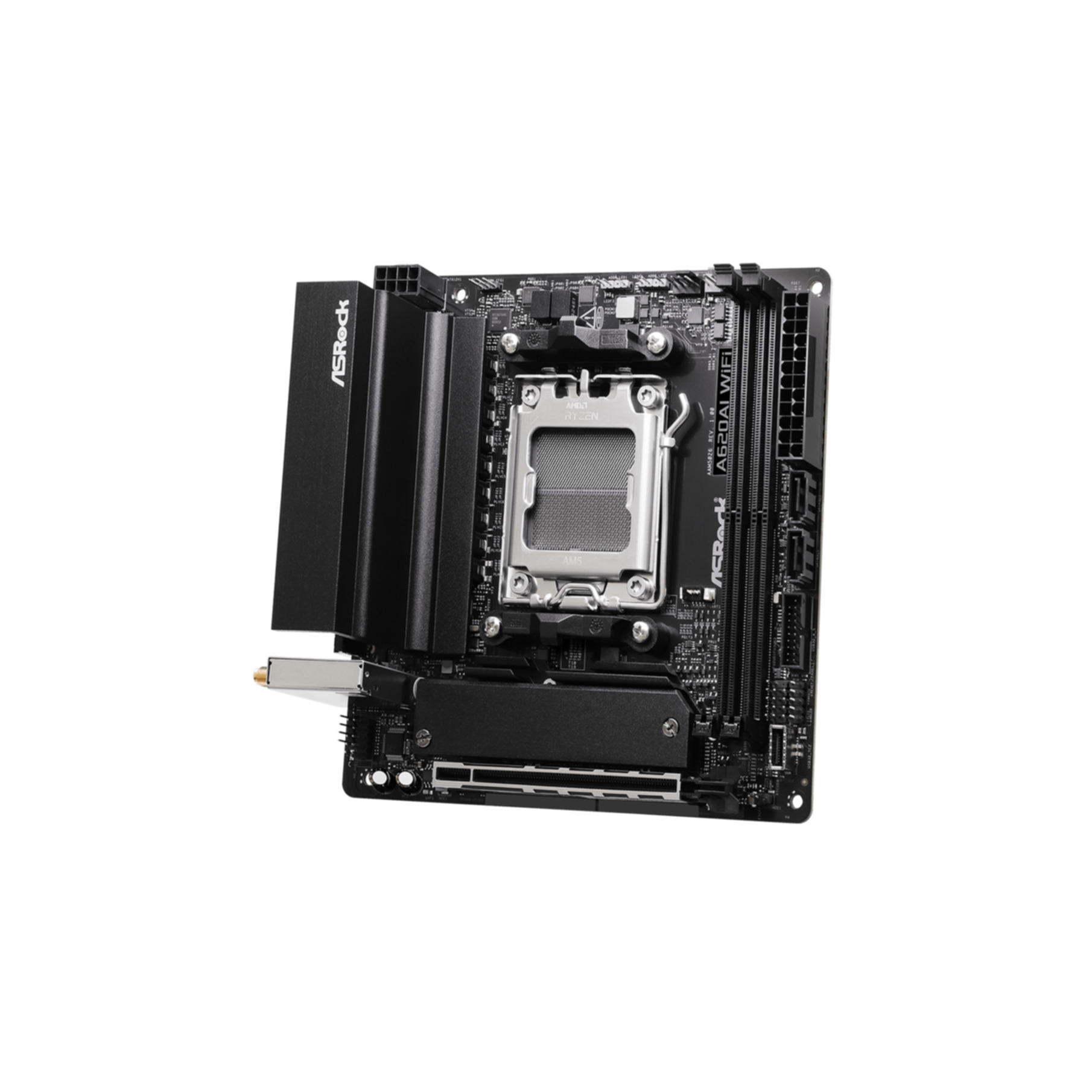 Czarna płyta główna ASRock A620AI WIFI na białym tle. Zawiera gniazdo procesora, radiatory i gniazda rozszerzeń.