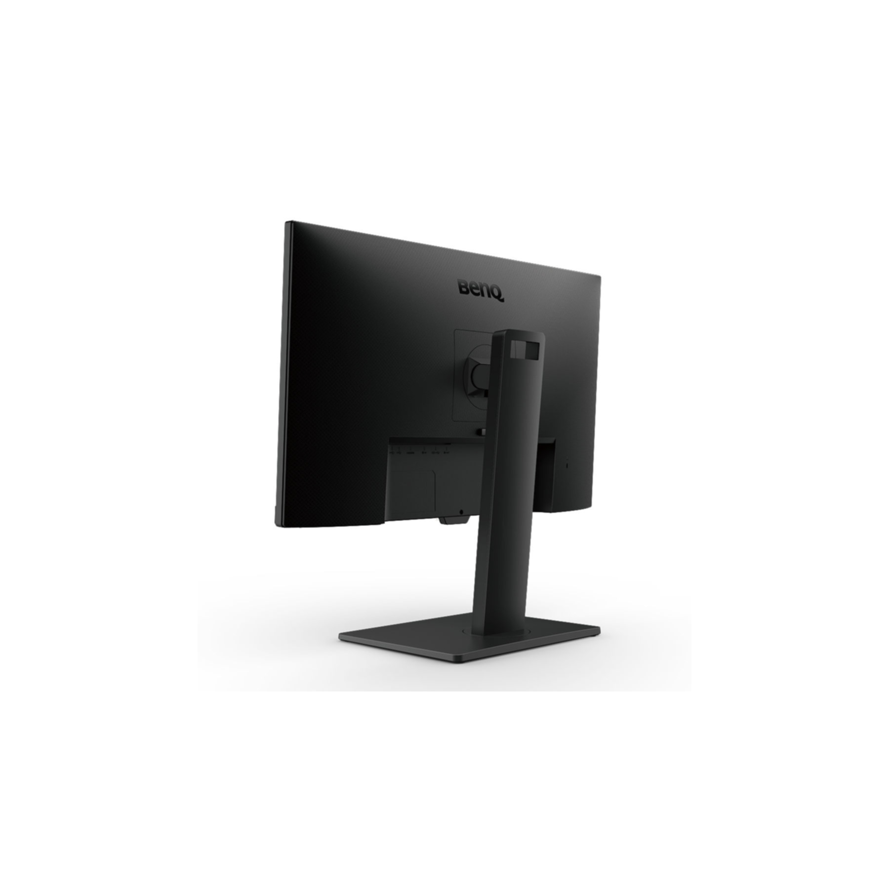 Achteraanzicht van een zwarte BenQ-monitor op een witte achtergrond. De standaard is ook zwart.
