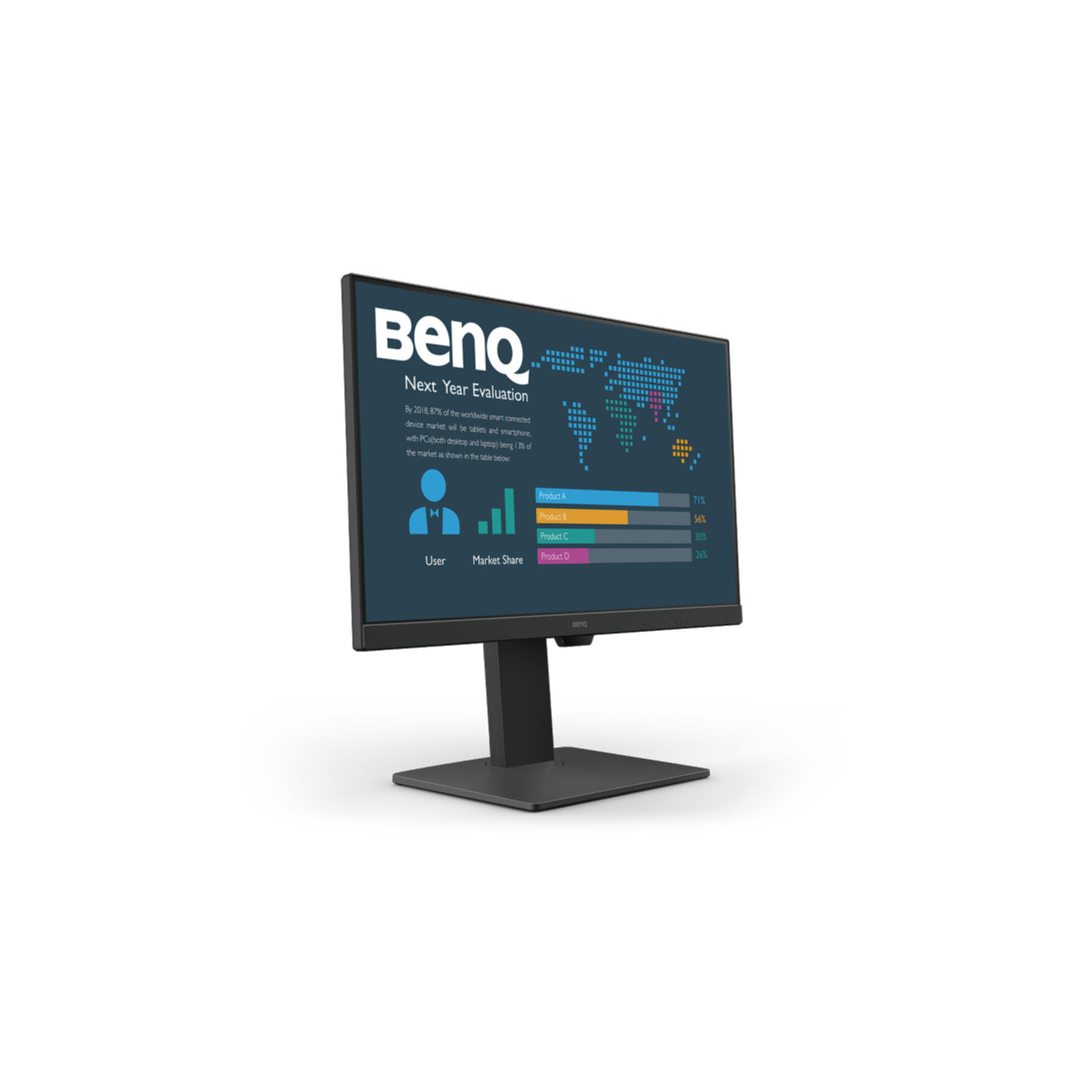 Een BenQ-monitor toont een marktanalyse. Het scherm toont gegevens, met een wereldkaart en staafdiagrammen op een witte achtergrond.