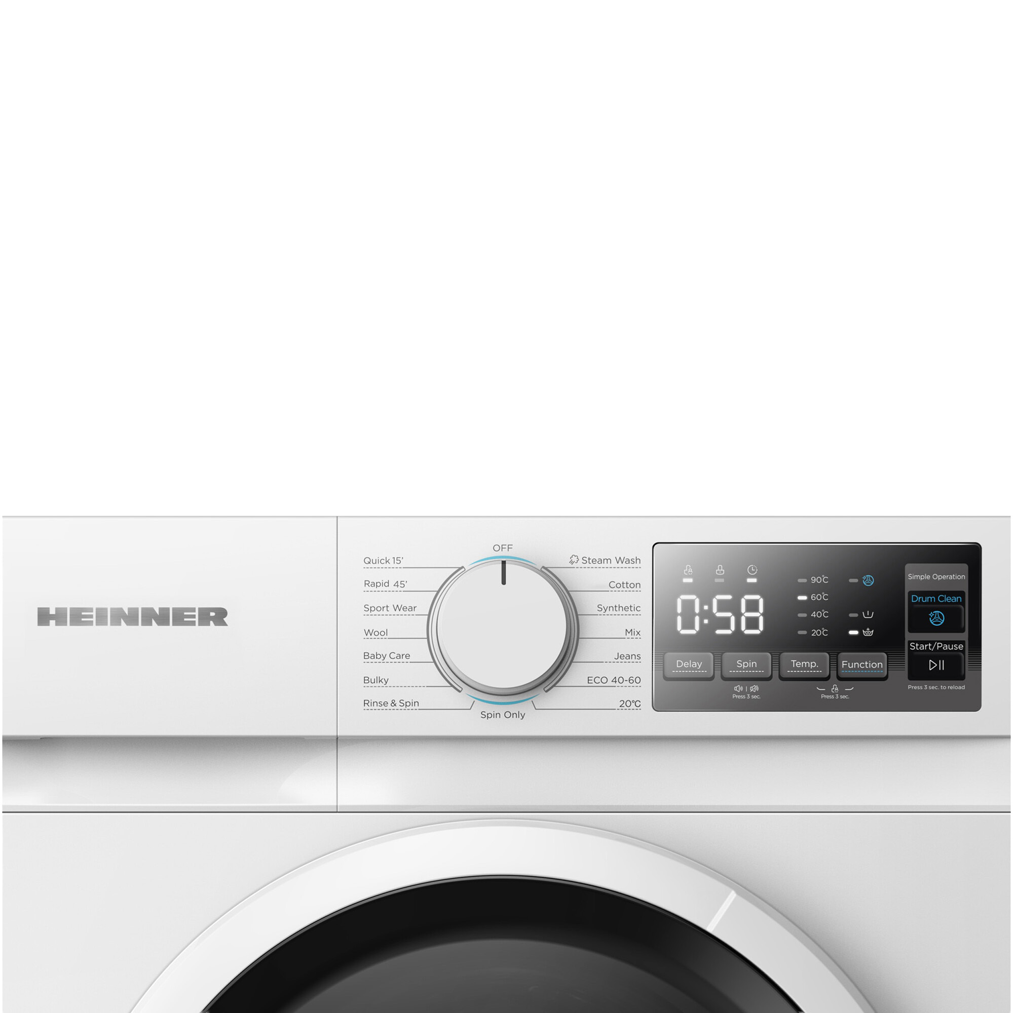 Washing machine control panel. Features a dial, digital display showing 0:58, and various program options.