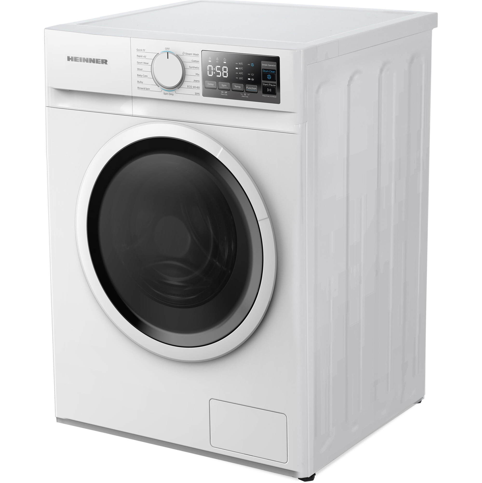 A white washing machine with a black door and control panel. The dial is set to off.