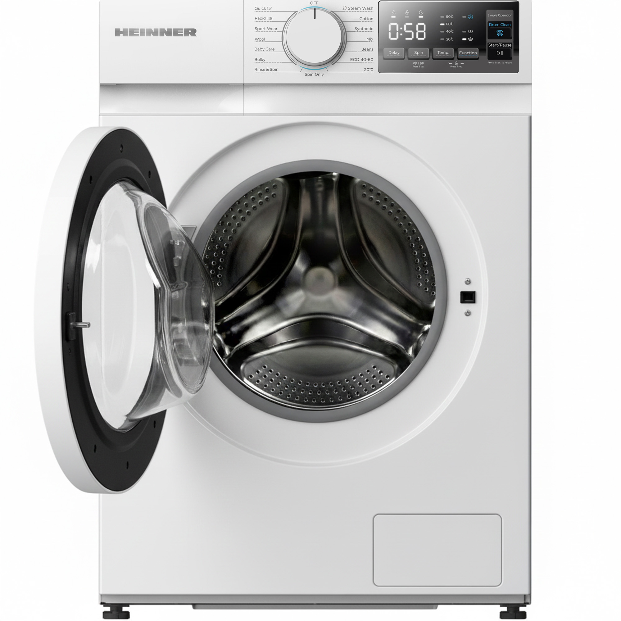 A white washing machine with an open door. Controls and display are on the top right.  The drum is visible.