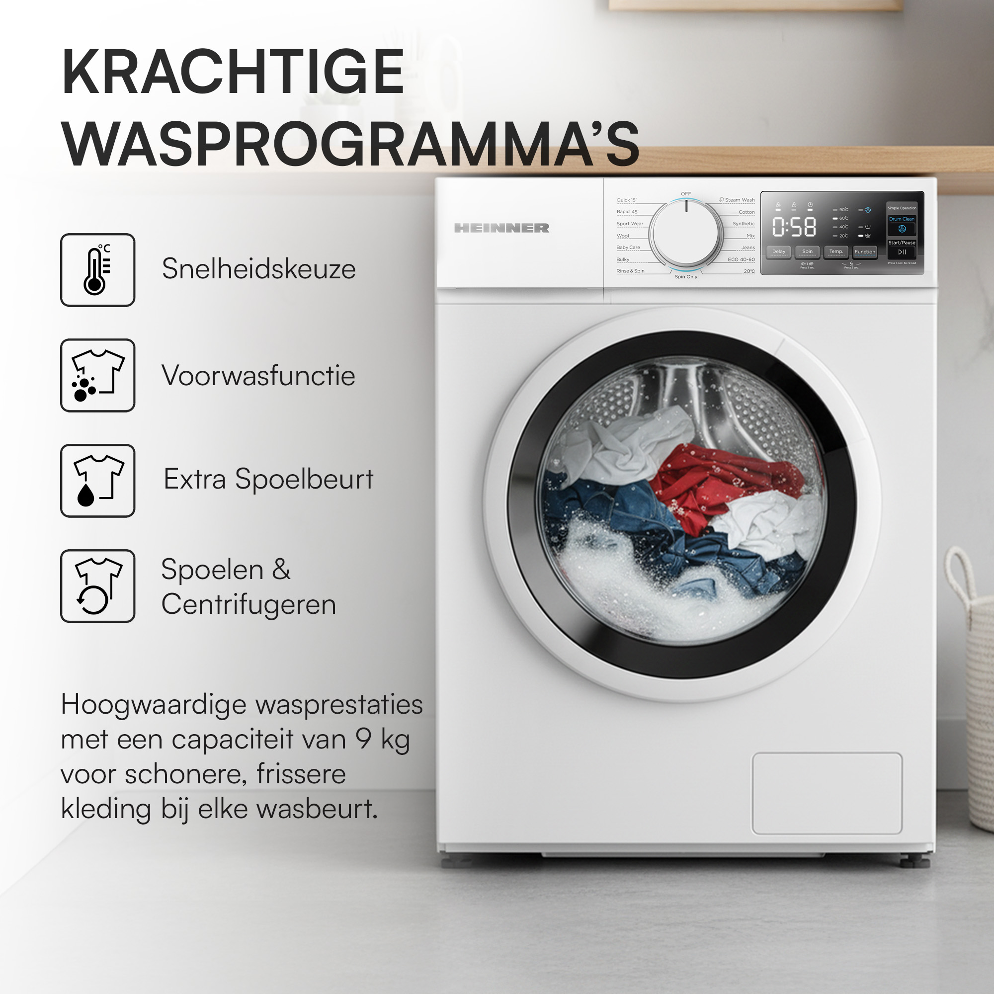 A white washing machine with a glass door, filled with clothes. Control panel shows time and wash options.
