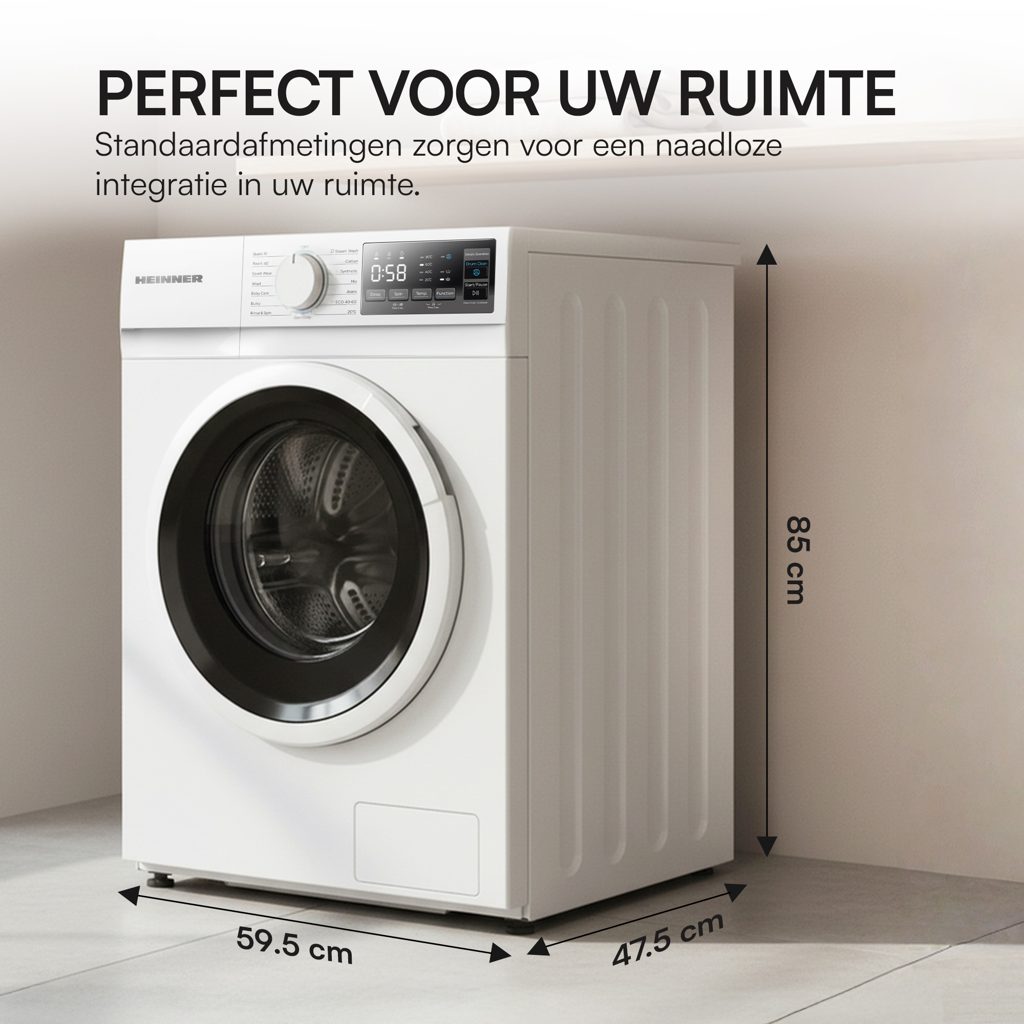 A white washing machine with dimensions labeled. The machine has a round door and control panel.