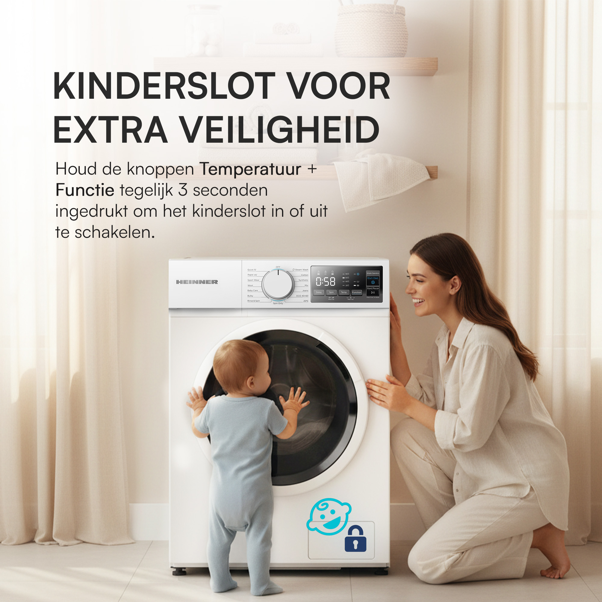 A woman and a baby are in front of a white washing machine. The text on the machine says 'KINDERSLOT VOOR EXTRA VEILIGHEID'.