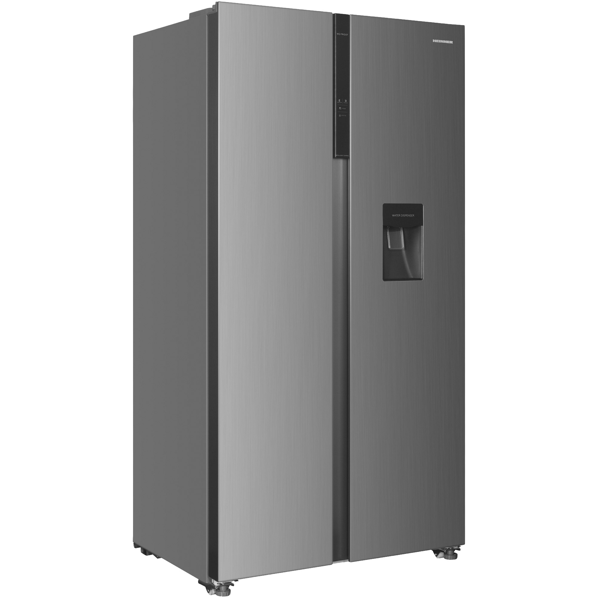 A gray stainless steel refrigerator with a water dispenser. It stands on a white background, the doors are closed.
