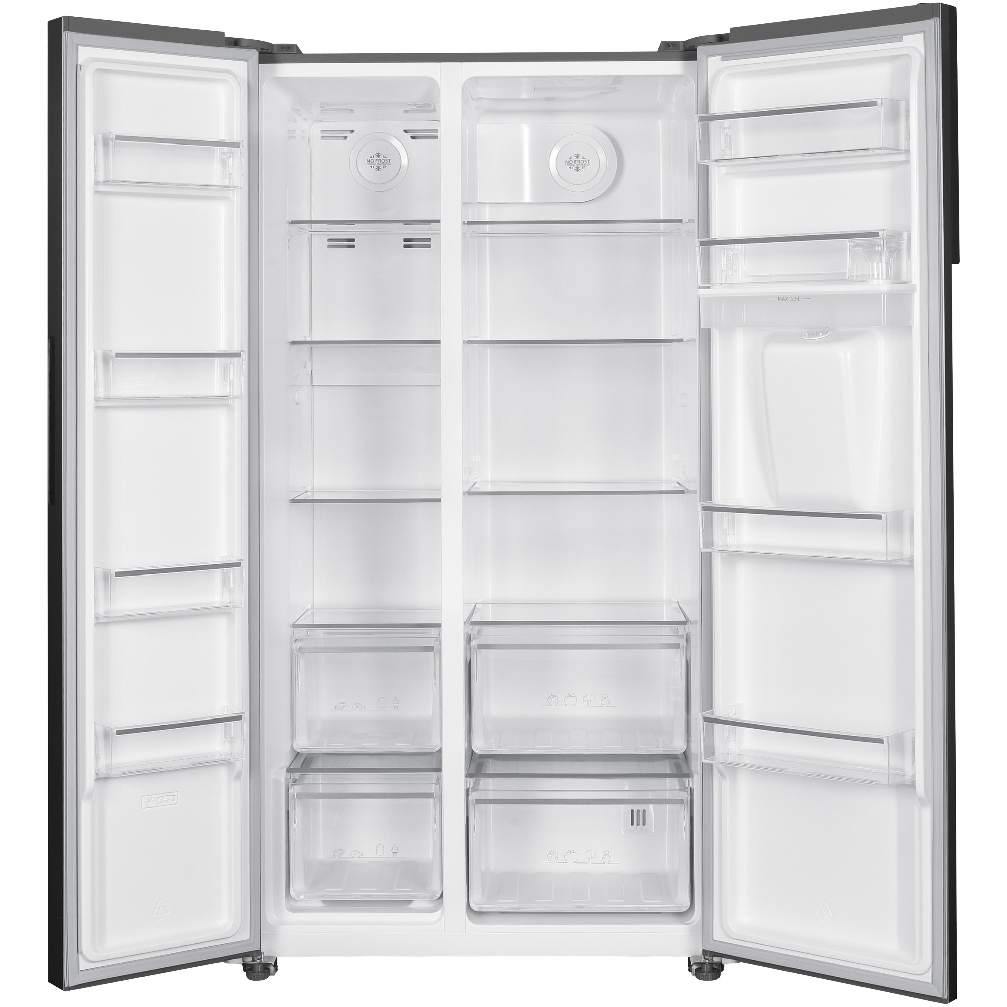 Open double-door refrigerator. Interior has shelves, drawers, and compartments. Black frame. White interior. Empty. No food inside.