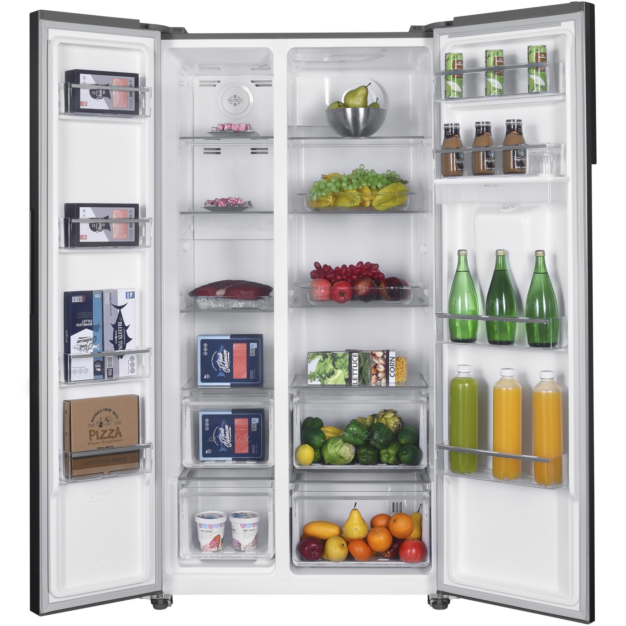 Open fridge filled with food. Includes fruits, vegetables, drinks, and frozen food. Both sides are open, showing the contents.
