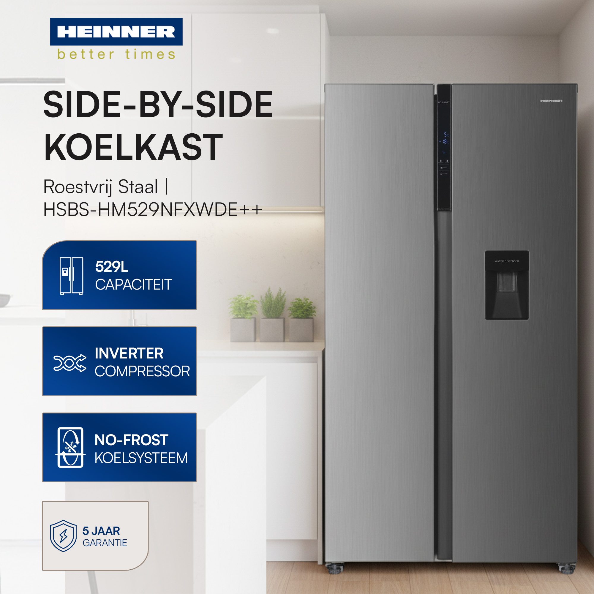 A side-by-side refrigerator. It's stainless steel, features inverter compressor, no-frost, and has a water dispenser.