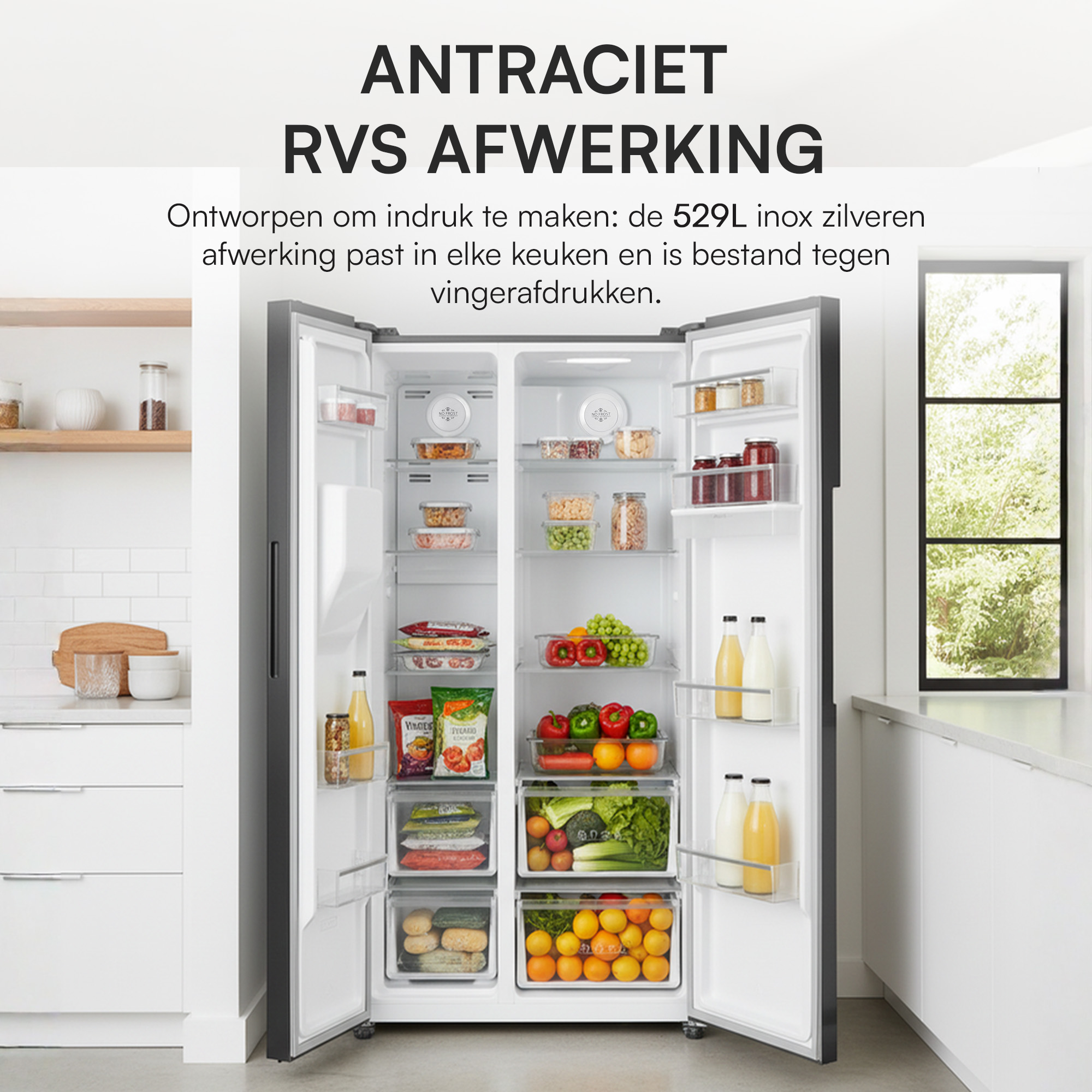 A modern refrigerator with open doors filled with food. The kitchen is visible. Text: ANTRACIET RVS AFWERKING.