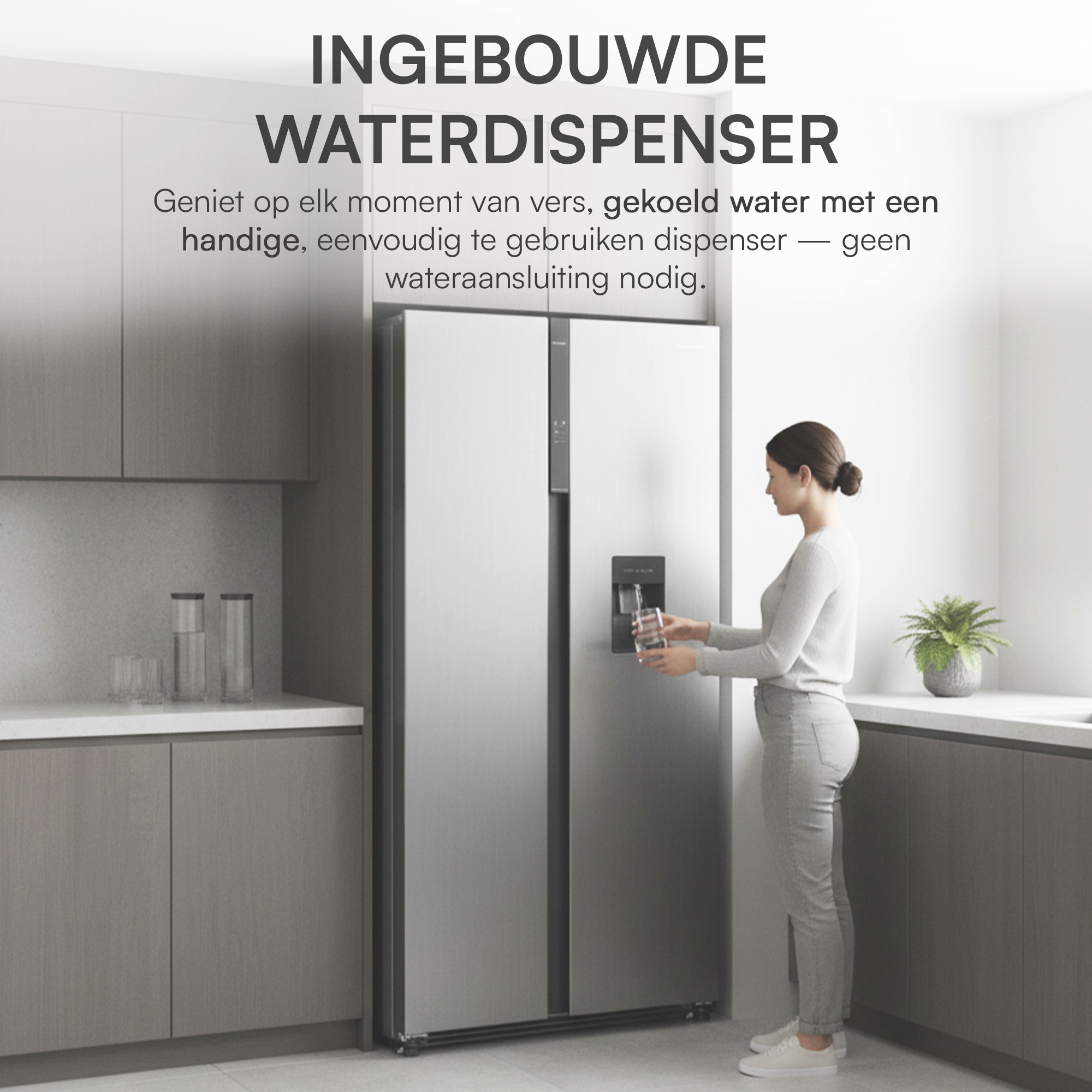 A woman gets water from a fridge's water dispenser. The fridge is in a modern kitchen with cabinets and a plant.