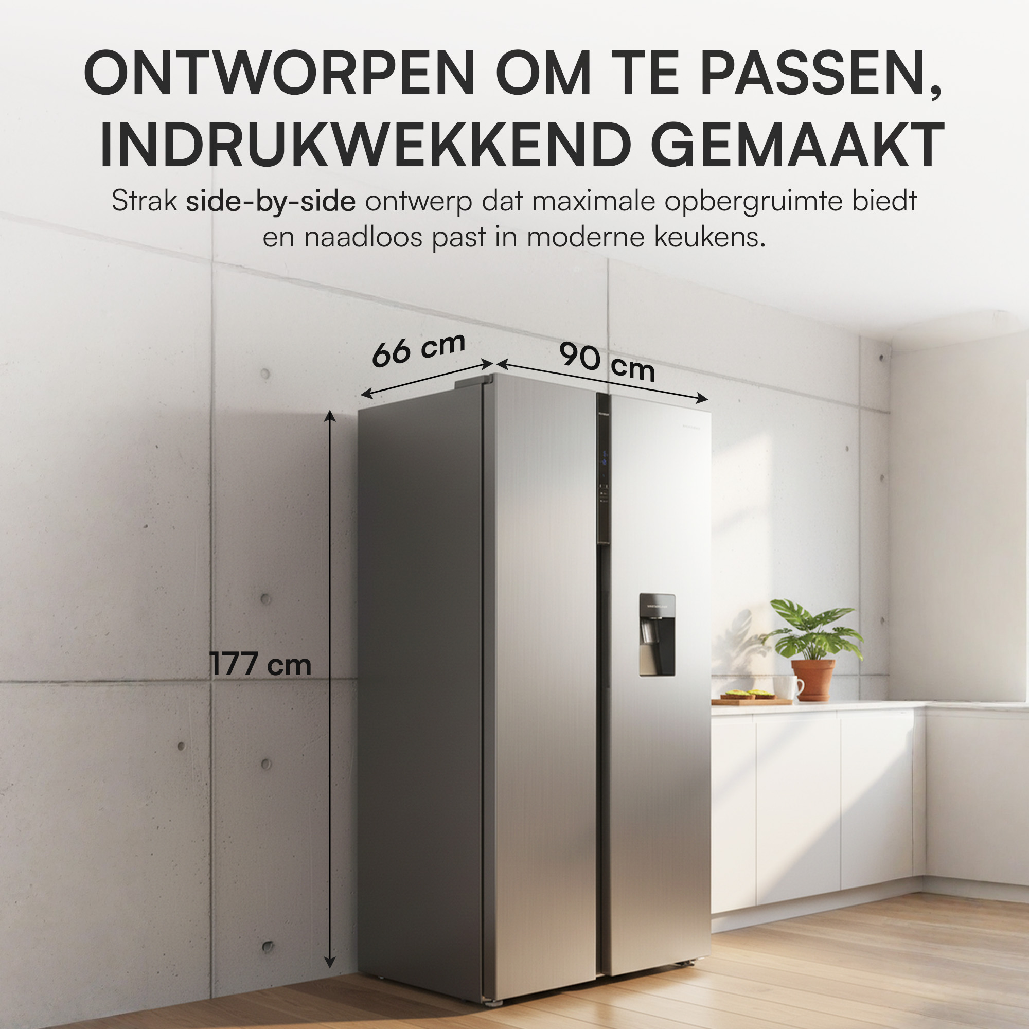 A modern silver refrigerator stands in a kitchen. Dimensions are displayed: 66cm, 90cm, and 177cm. A plant and cabinet are visible.