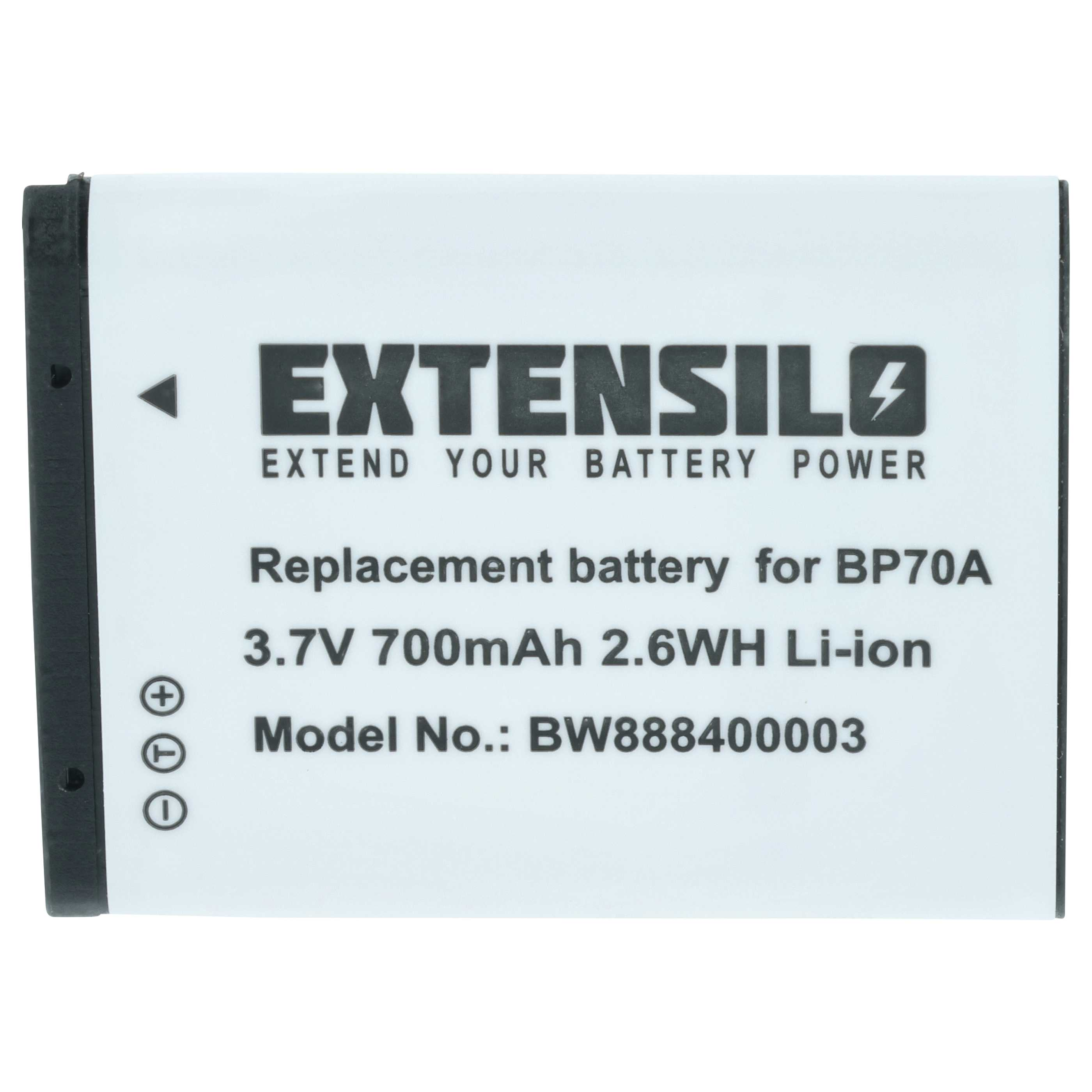 Ein weißer Akku mit schwarzem Text. Er lautet EXTENSILO, Ersatzakku, 3,7 V 700 mAh und Modell-Nr.: BW888400003.