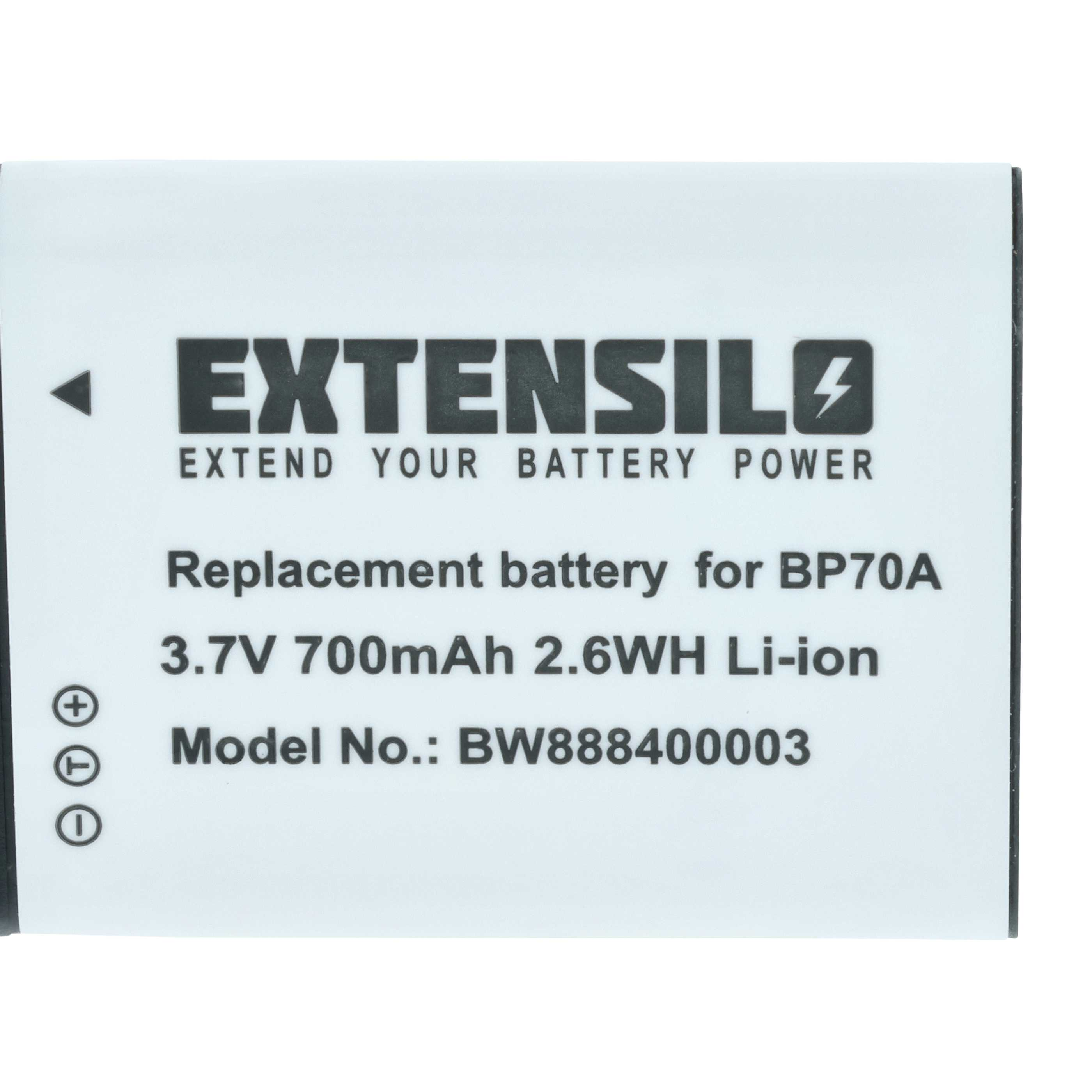 Ein weißes Batterieetikett mit schwarzem Text. Es steht EXTENSILO, Batteriespezifikationen, Modellnummer BW888400003.