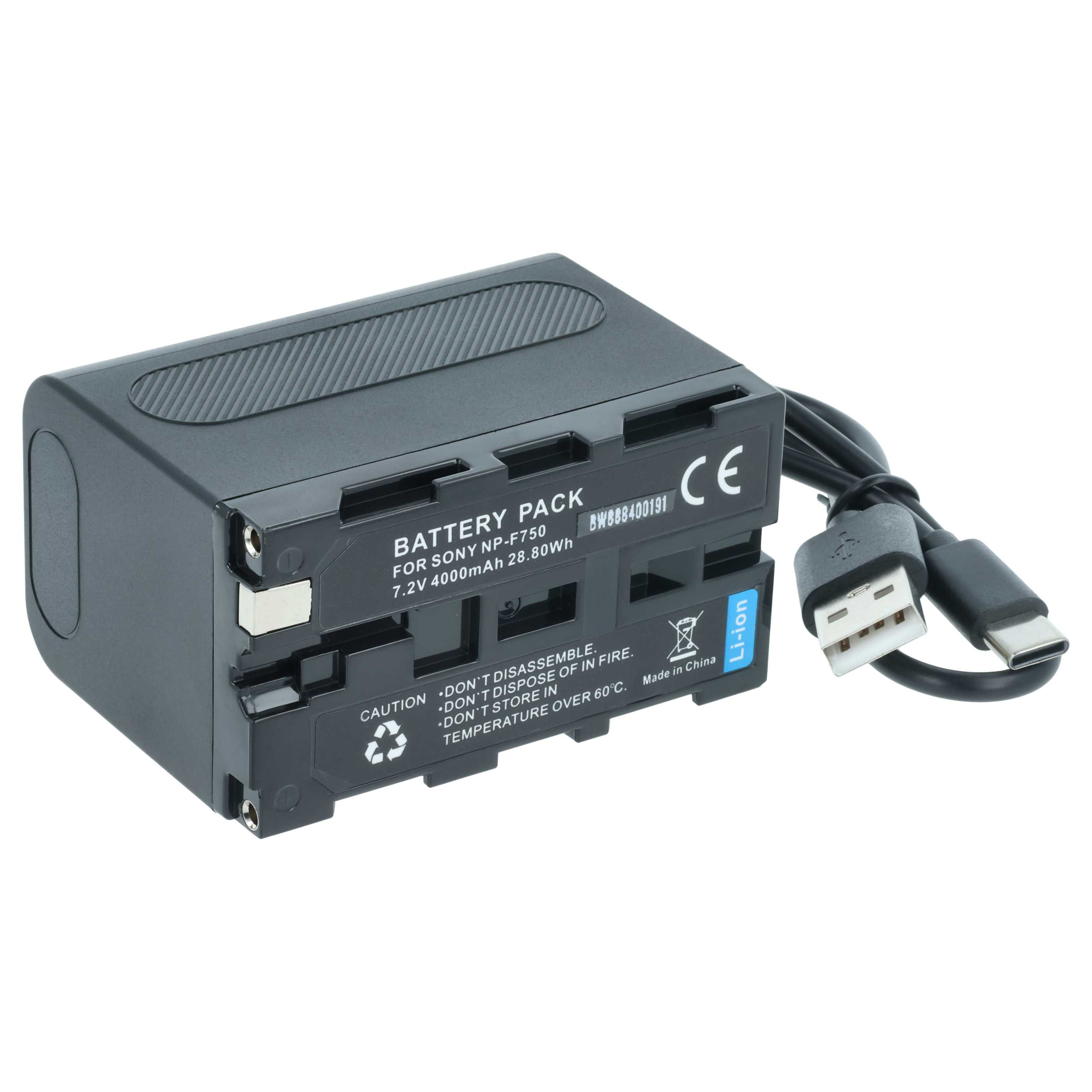 Schwarzes Akkupack mit USB-Kabel auf weißem Hintergrund. Text beinhaltet: Akku-Pack, 7,2 V 4000 mAh.