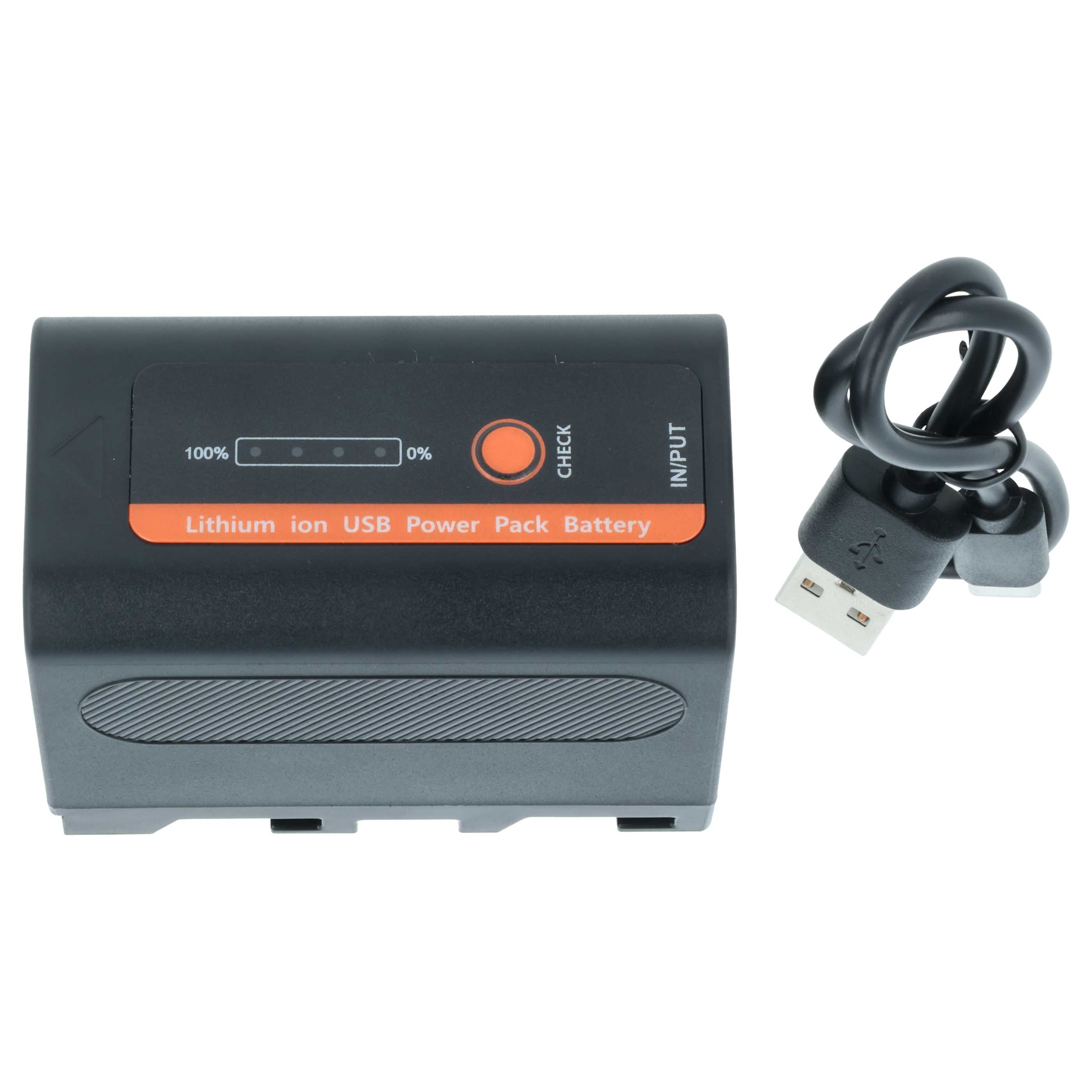 Ein schwarzer Lithium-Ionen-USB-Power-Pack-Akku mit einem USB-Kabel auf weißem Hintergrund.