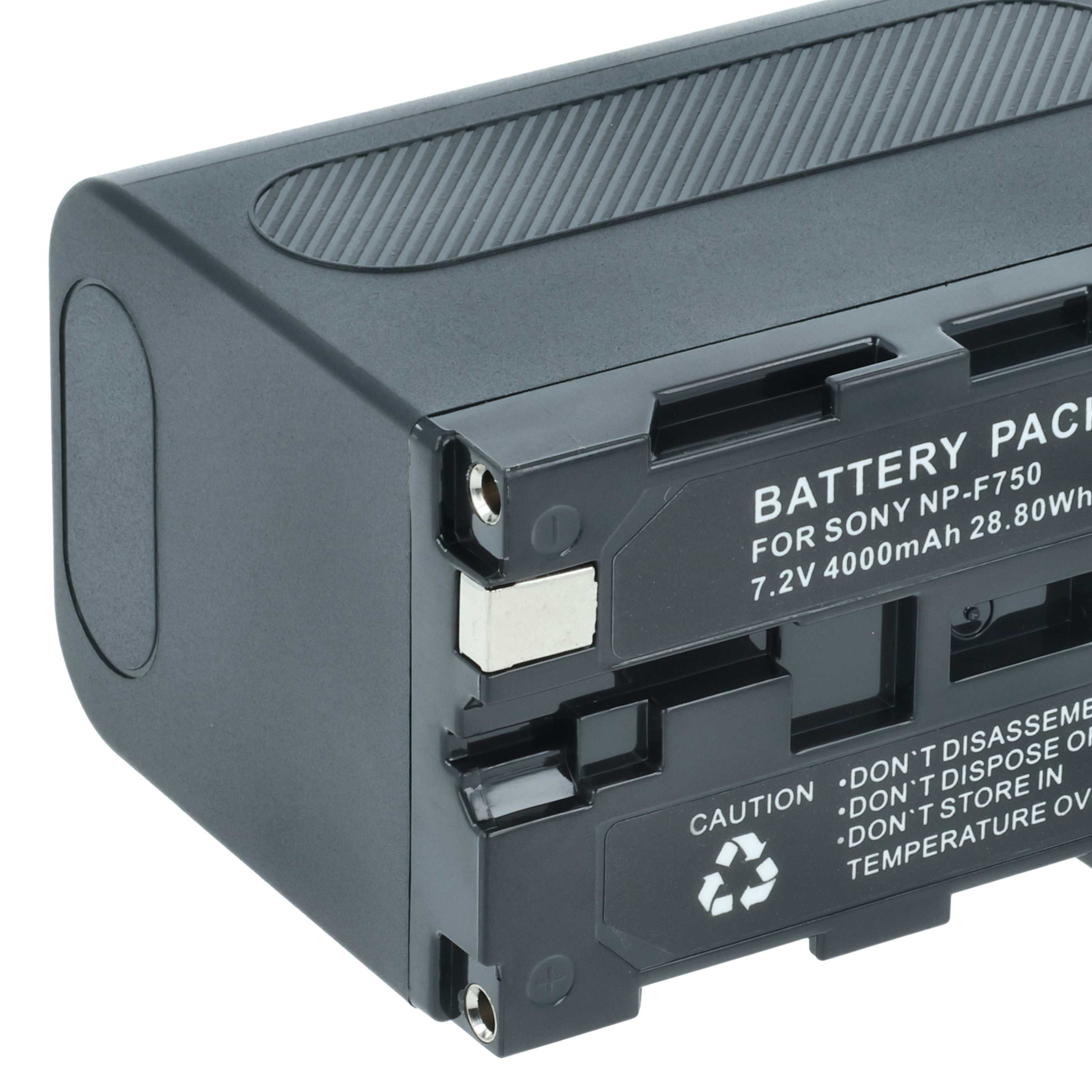 Ein schwarzes Akkupack für Sony NP-F750, 7,2 V 4000 mAh. Text enthält Warnungen zur Entsorgung und Demontage.