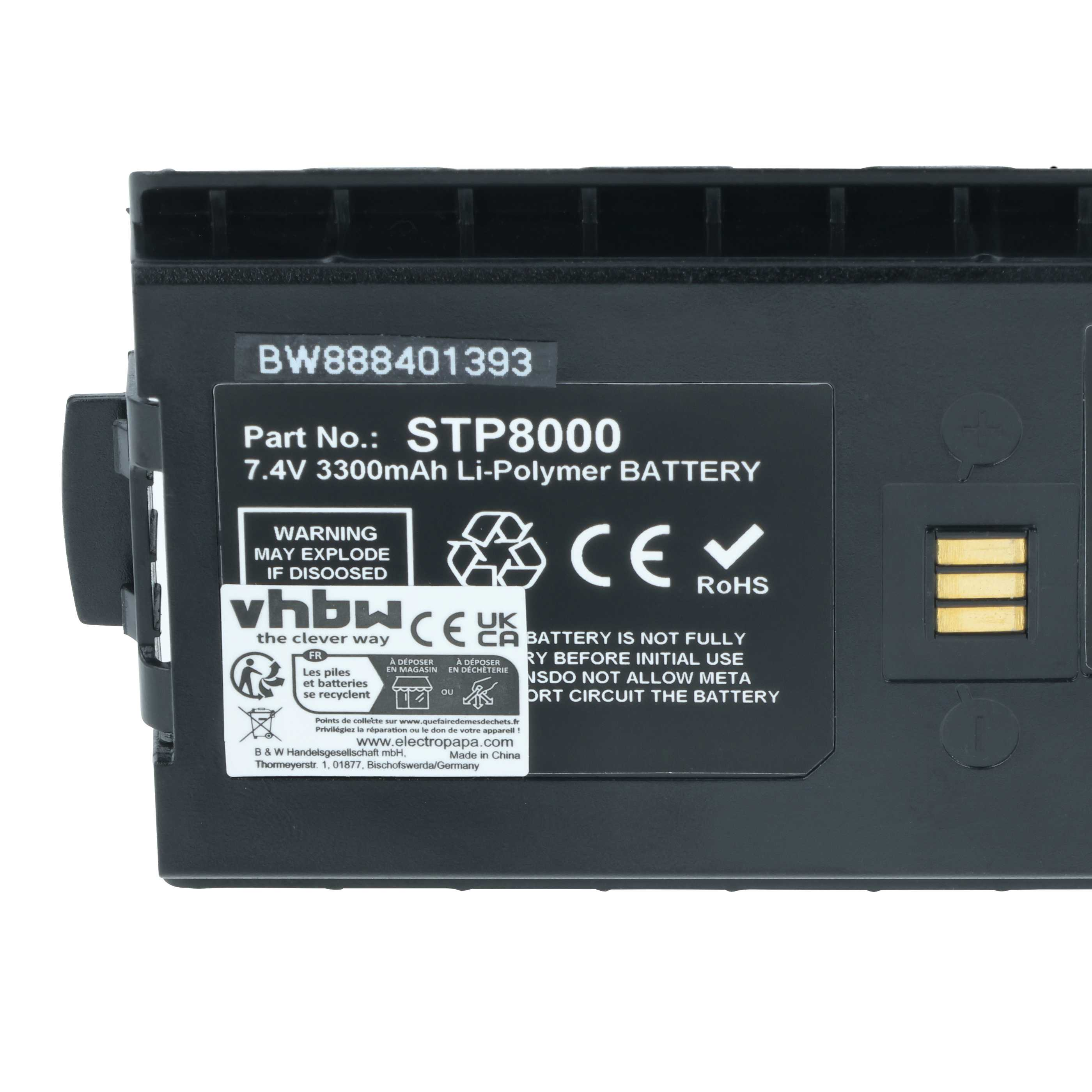 Schwarzer Akku mit Warnhinweisen. Text enthält Batterietyp, Spannung und Recyclinginformationen.