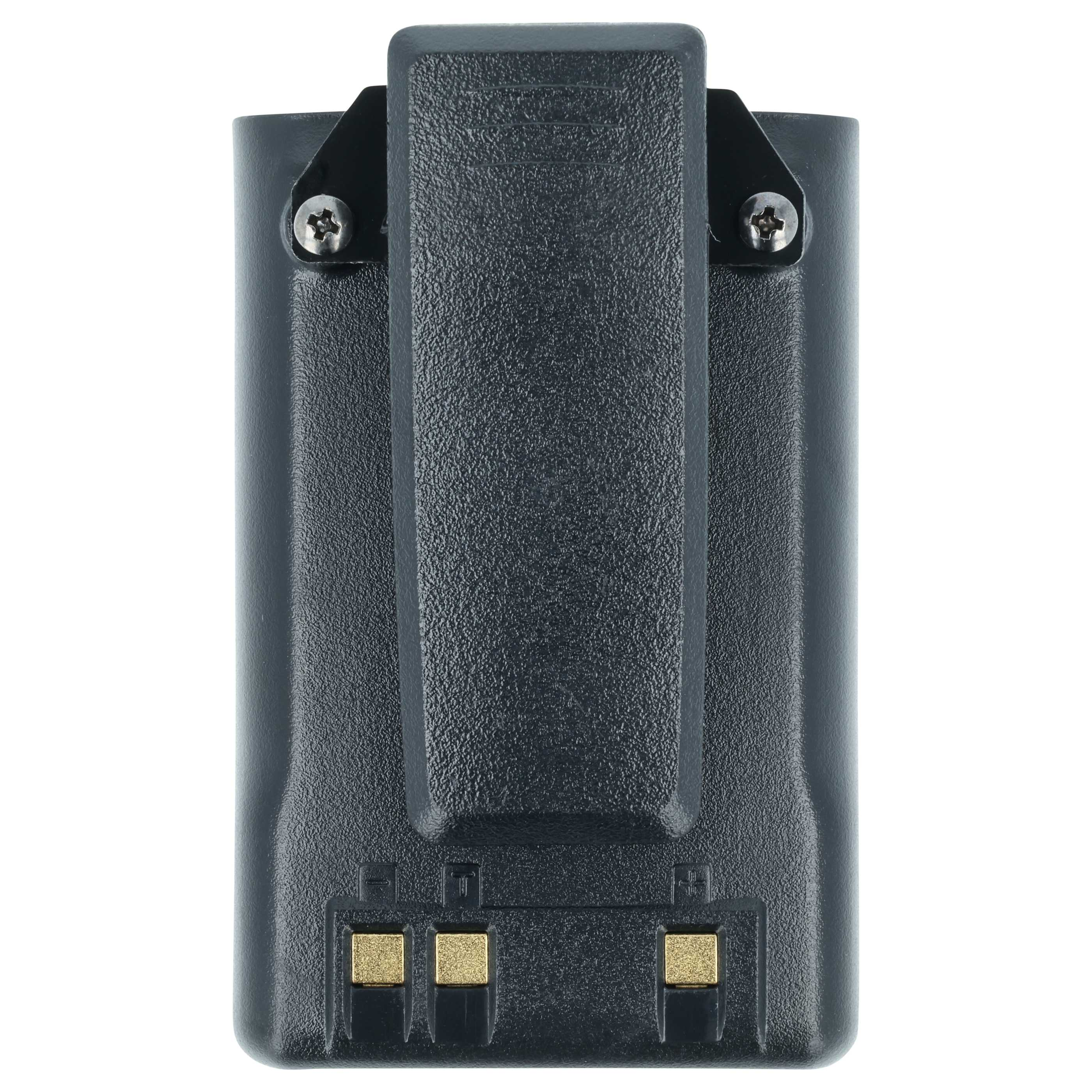 Ein dunkelgrauer Akku für ein Funkgerät. Es hat einen Gürtelclip und zwei goldfarbene Kontakte unten.