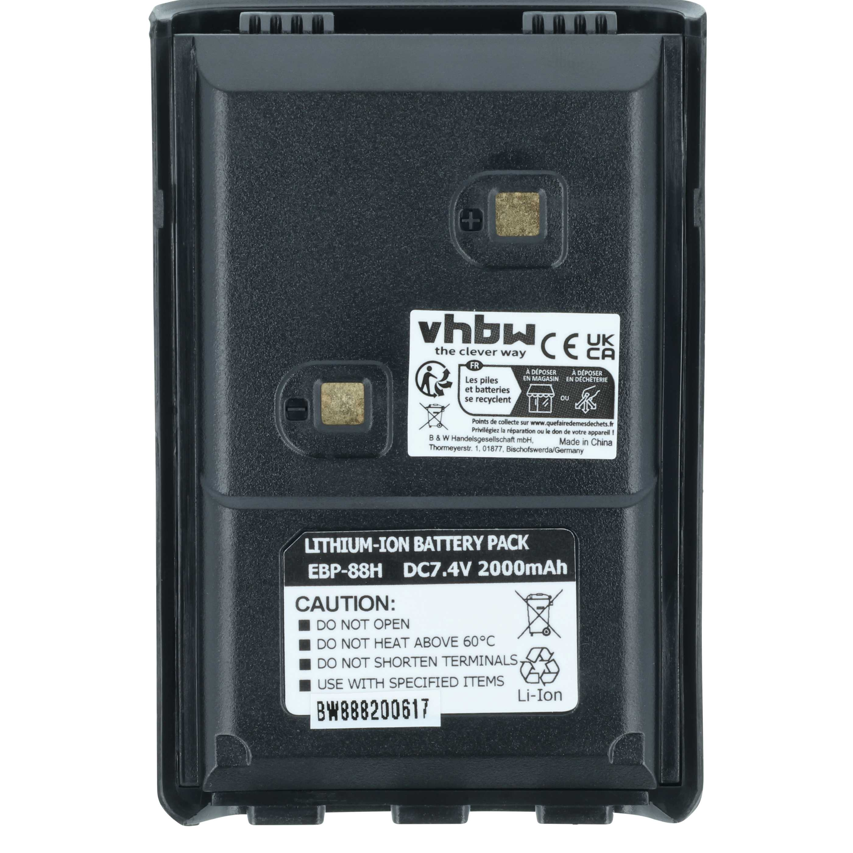 Schwarzer Lithium-Ionen-Akku mit weißen Etiketten und Warnhinweisen. Er hat eine rechteckige Form und ein Pluszeichen.