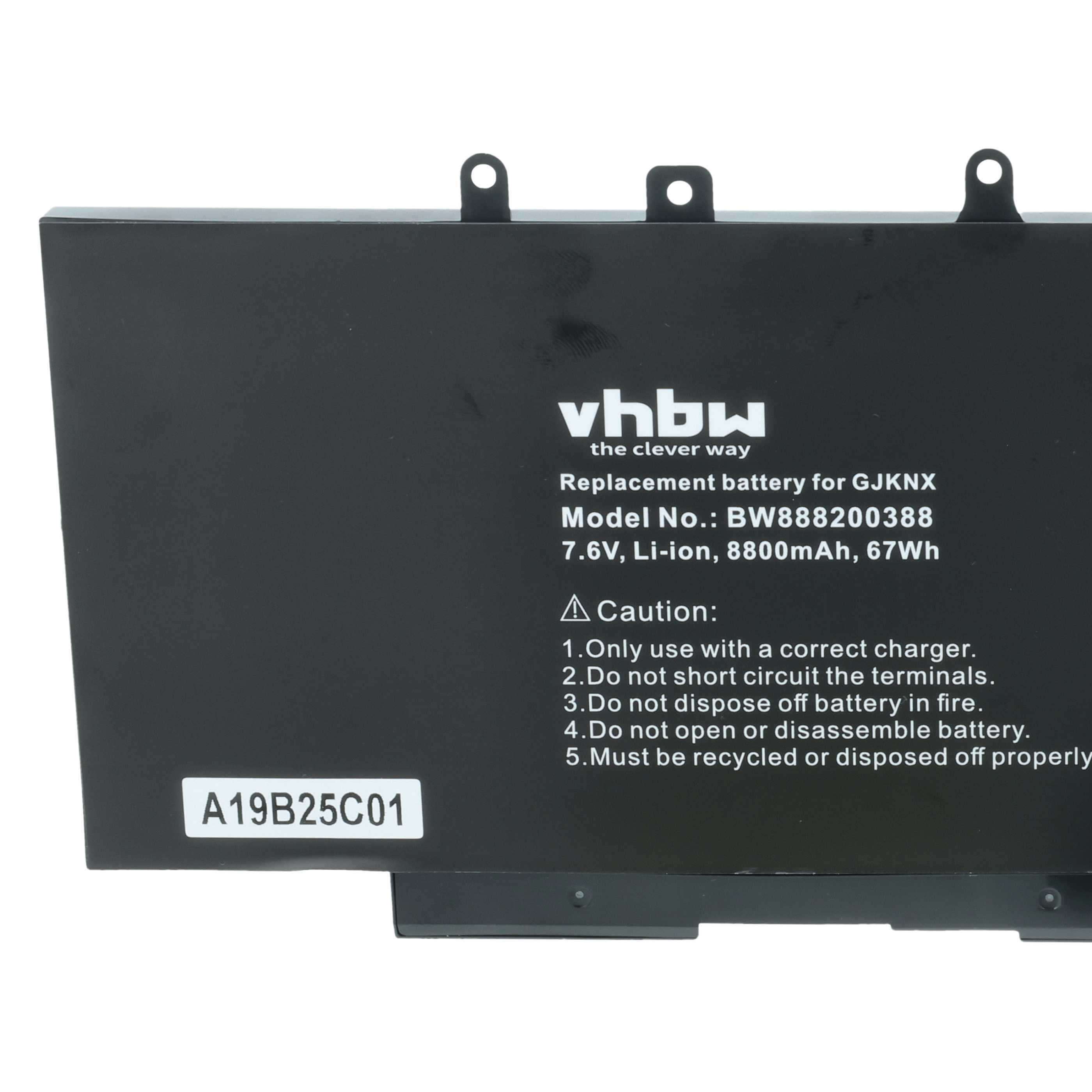 Ein schwarzer Laptop-Akku mit weißem Text. Er enthält Warnhinweise und Modelldetails. A19B25C01 ist aufgedruckt.
