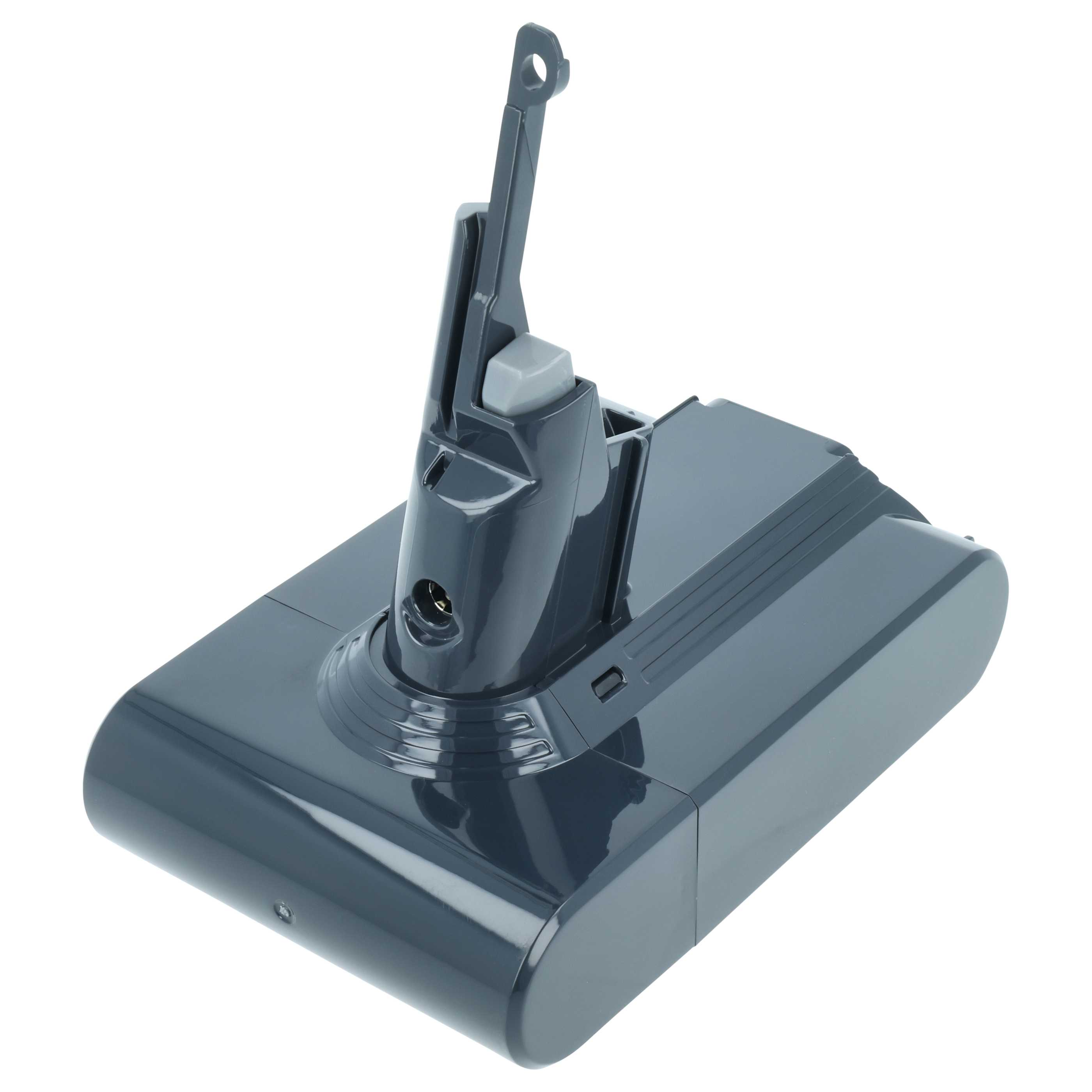 Ein grauer Staubsaugerakku mit einem aufrechten Griff und einem Knopf auf weißem Hintergrund.