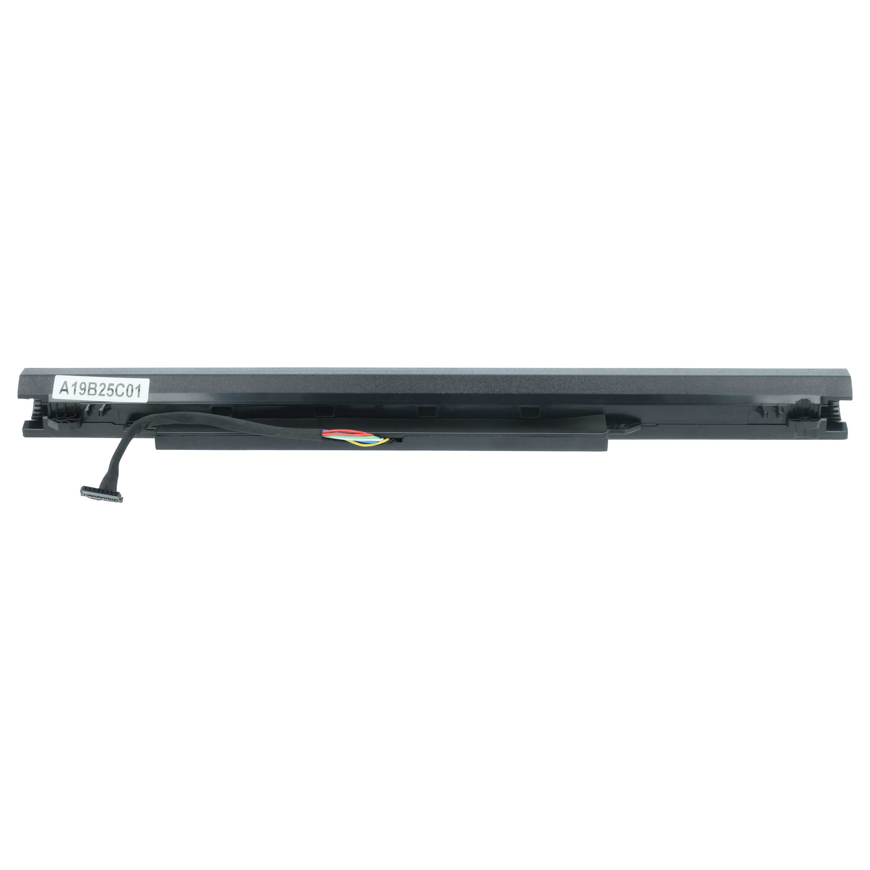 Laptop-Akku. Schwarze rechteckige Form mit Etikett und Kabel mit bunten Drähten und Stecker.