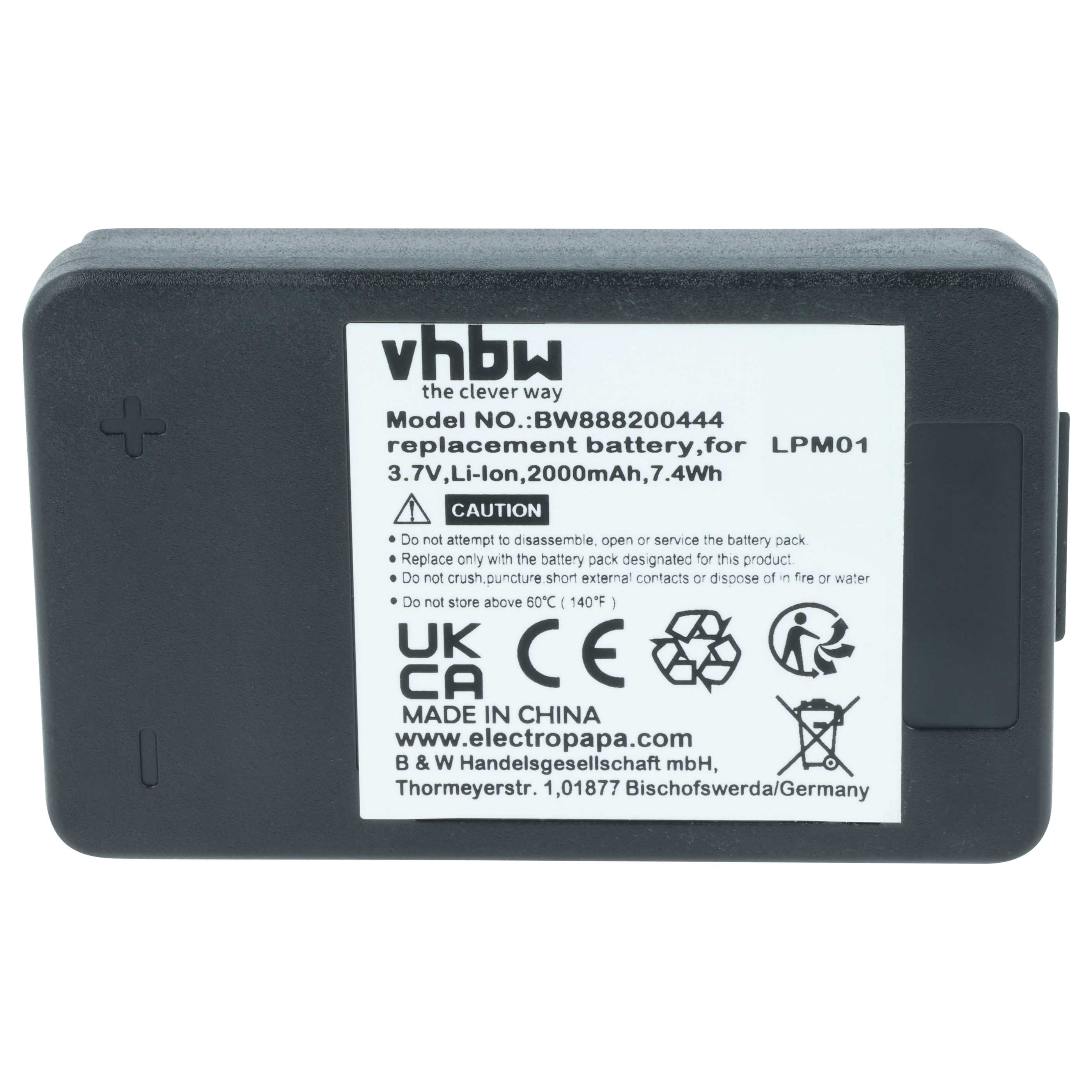 Ein schwarzer Akku mit weißem Etikett. Text enthält 'vhbw', '3,7V Li-Ion' und Sicherheitshinweise. UKCA- und CE-Zeichen.