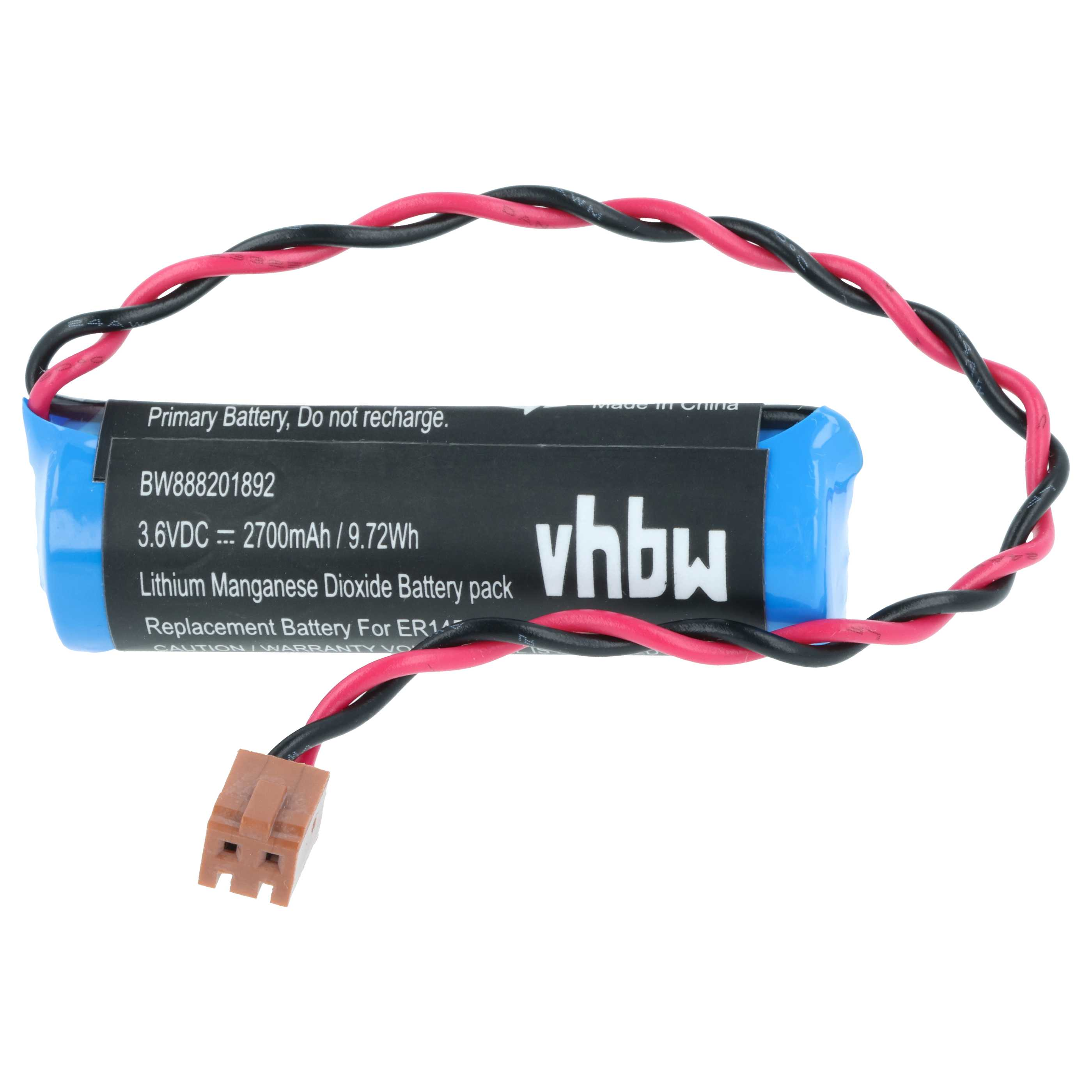 Ein blaues Batteriepack mit schwarzen und roten Drähten und einem braunen Stecker. Die Batterie hat Text.
