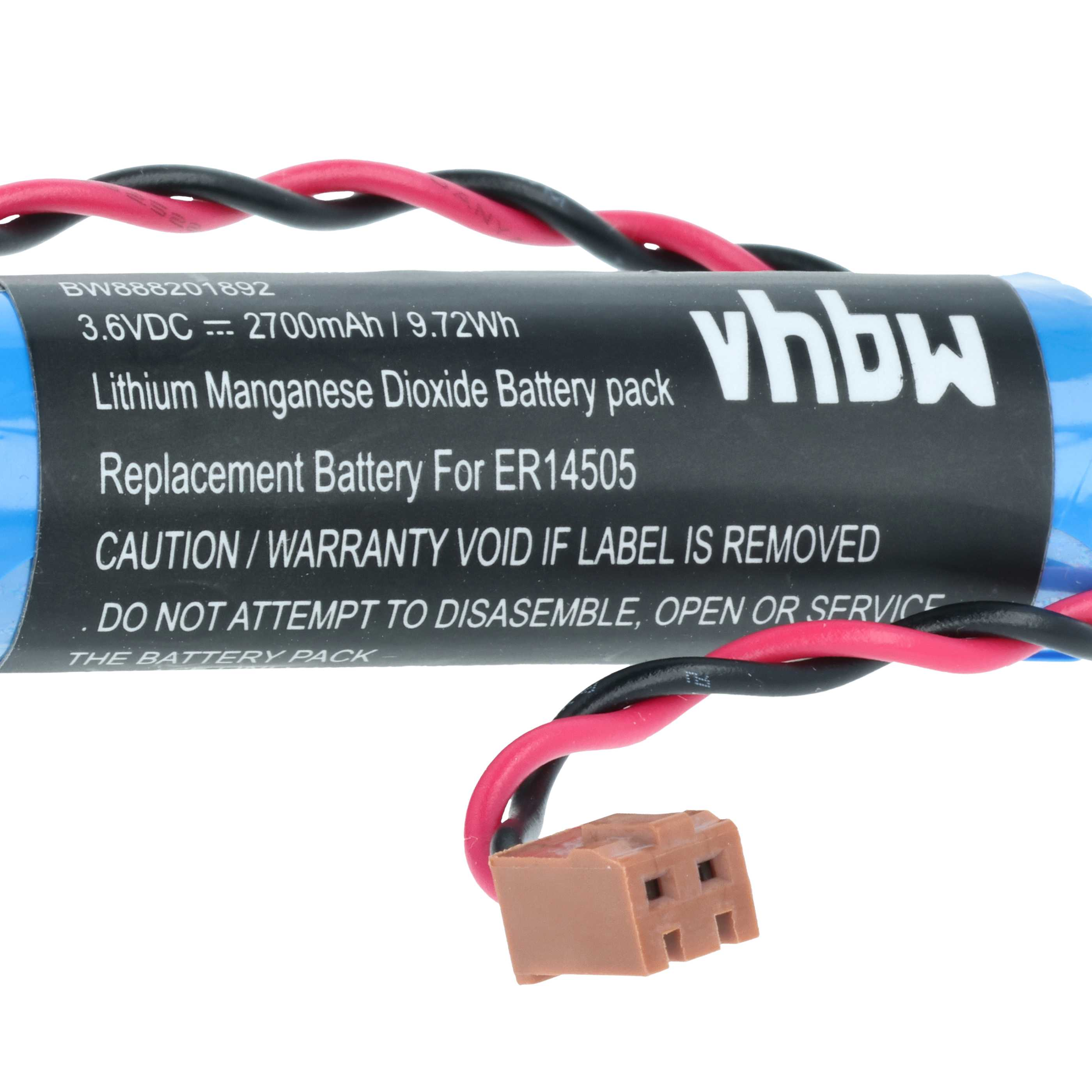 Akkupack mit Text, blauer Zylinder, schwarz-rote Drähte und ein brauner Stecker. Text enthält Spannung und Warnhinweise.