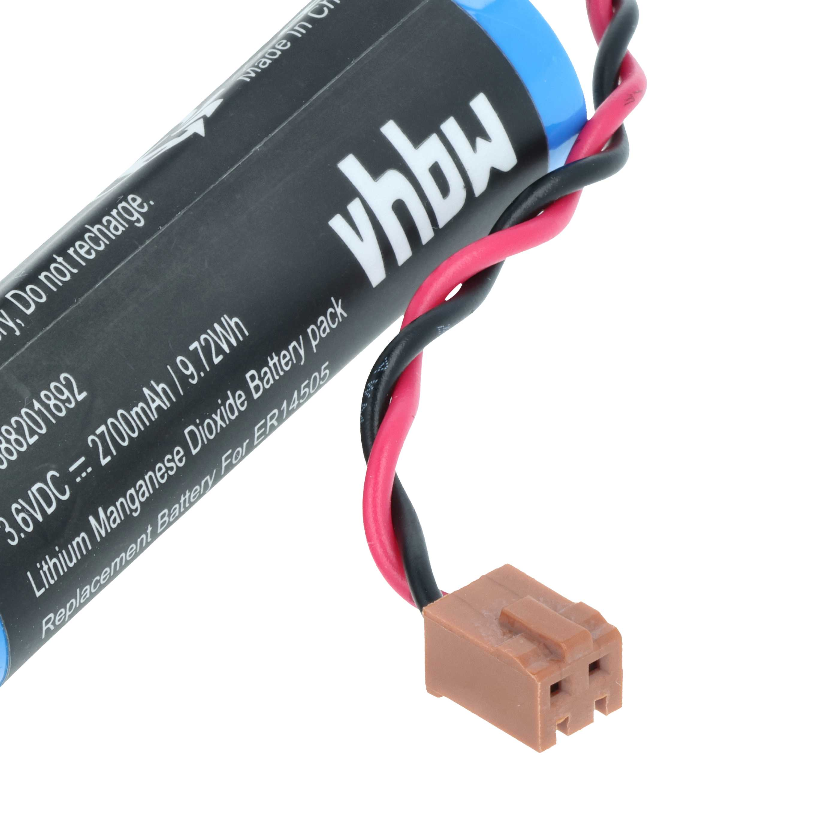 Eine Batterie mit roten und schwarzen Drähten, die an einen braunen Stecker angeschlossen sind. Die Batterie hat Text.