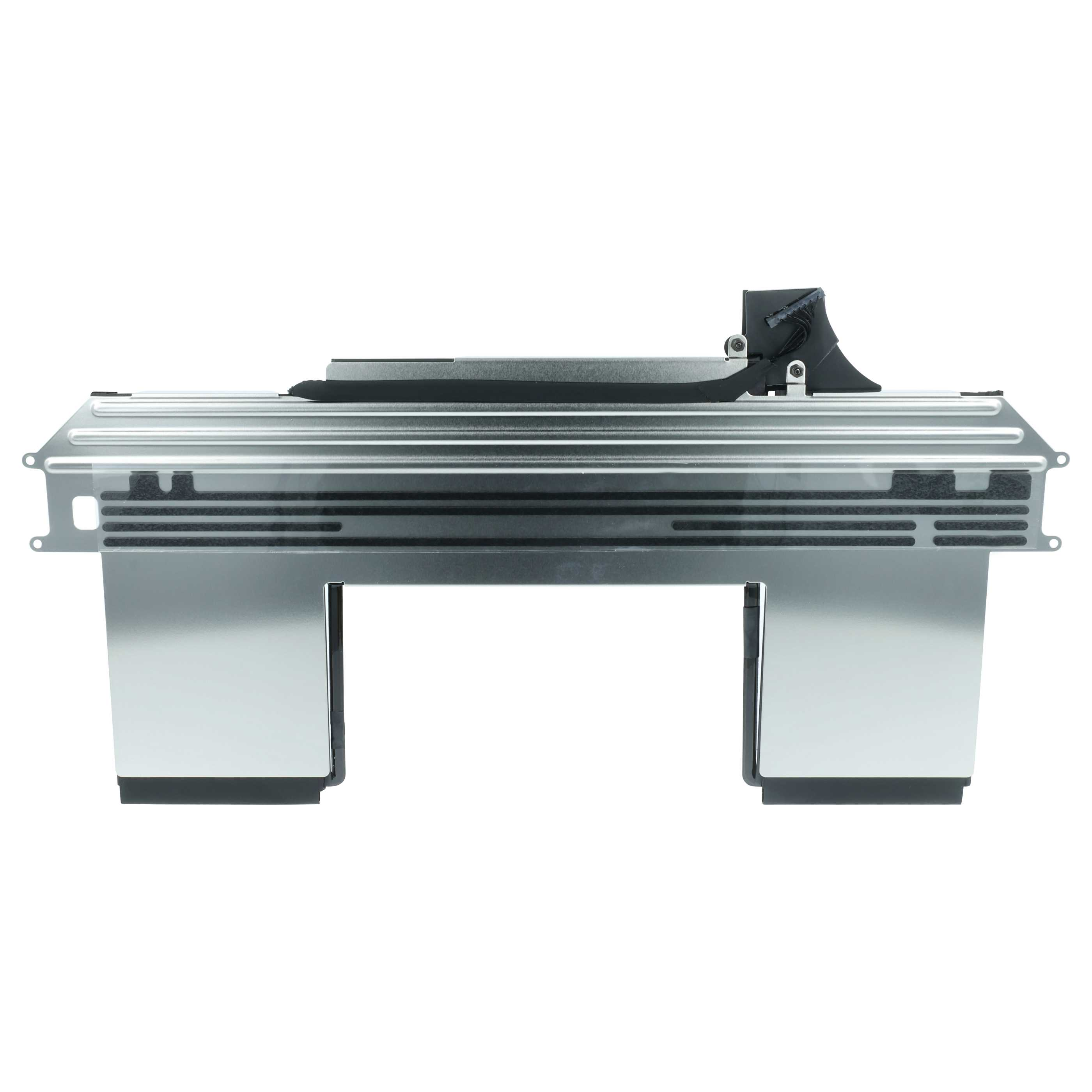 Ein Metallgerät mit schwarzer Ober- und Unterseite sowie rechteckigen Beinen. Es steht auf weißem Grund.