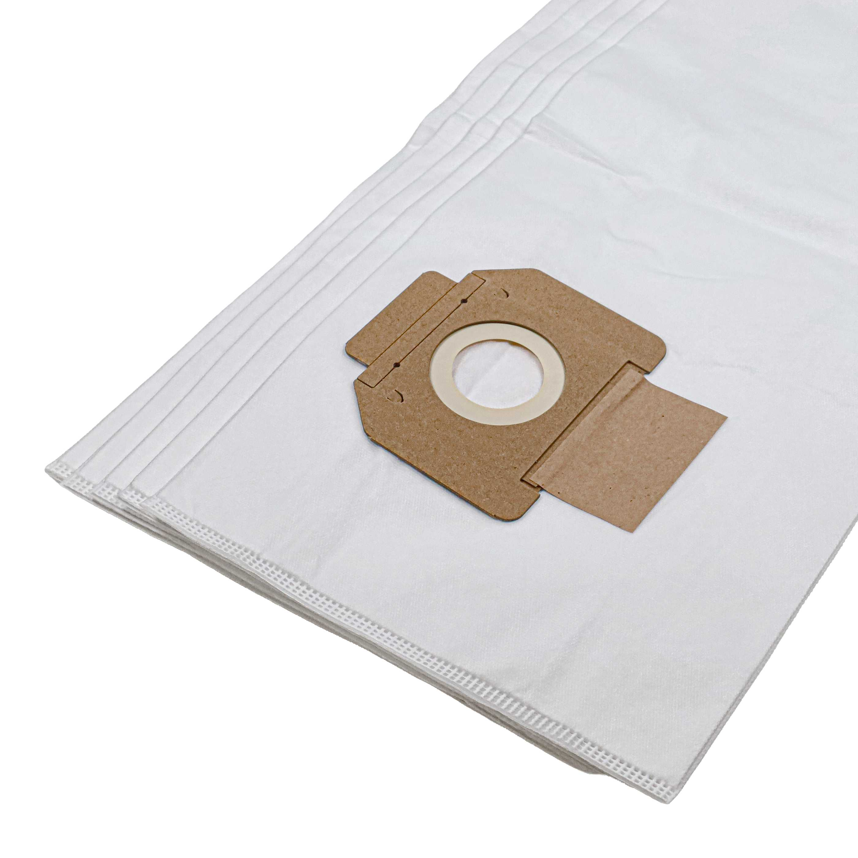 Weißer Staubsaugerbeutel mit braunem Kartonhalter. Der Beutel ist gefaltet. Weißer Hintergrund.