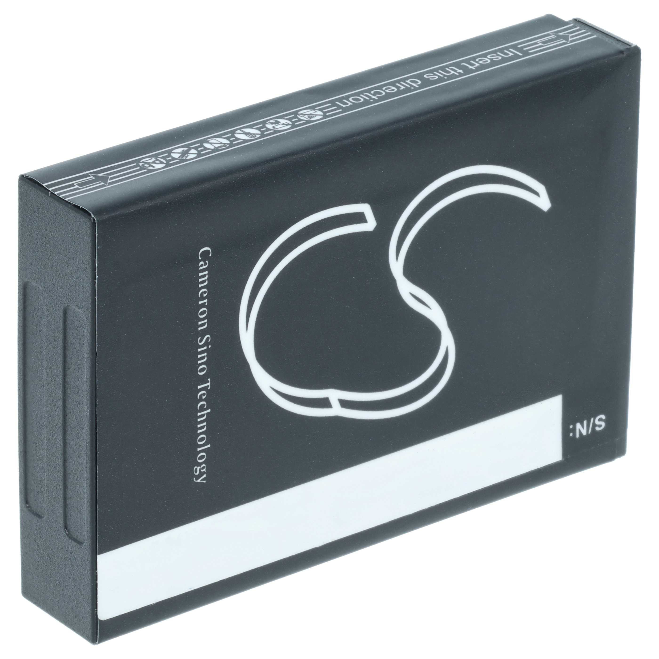 Schwarzer rechteckiger Akku mit weißem Text und Logo. Liest sich 'Cameron Sino Technology' und 'Insert this direction'.