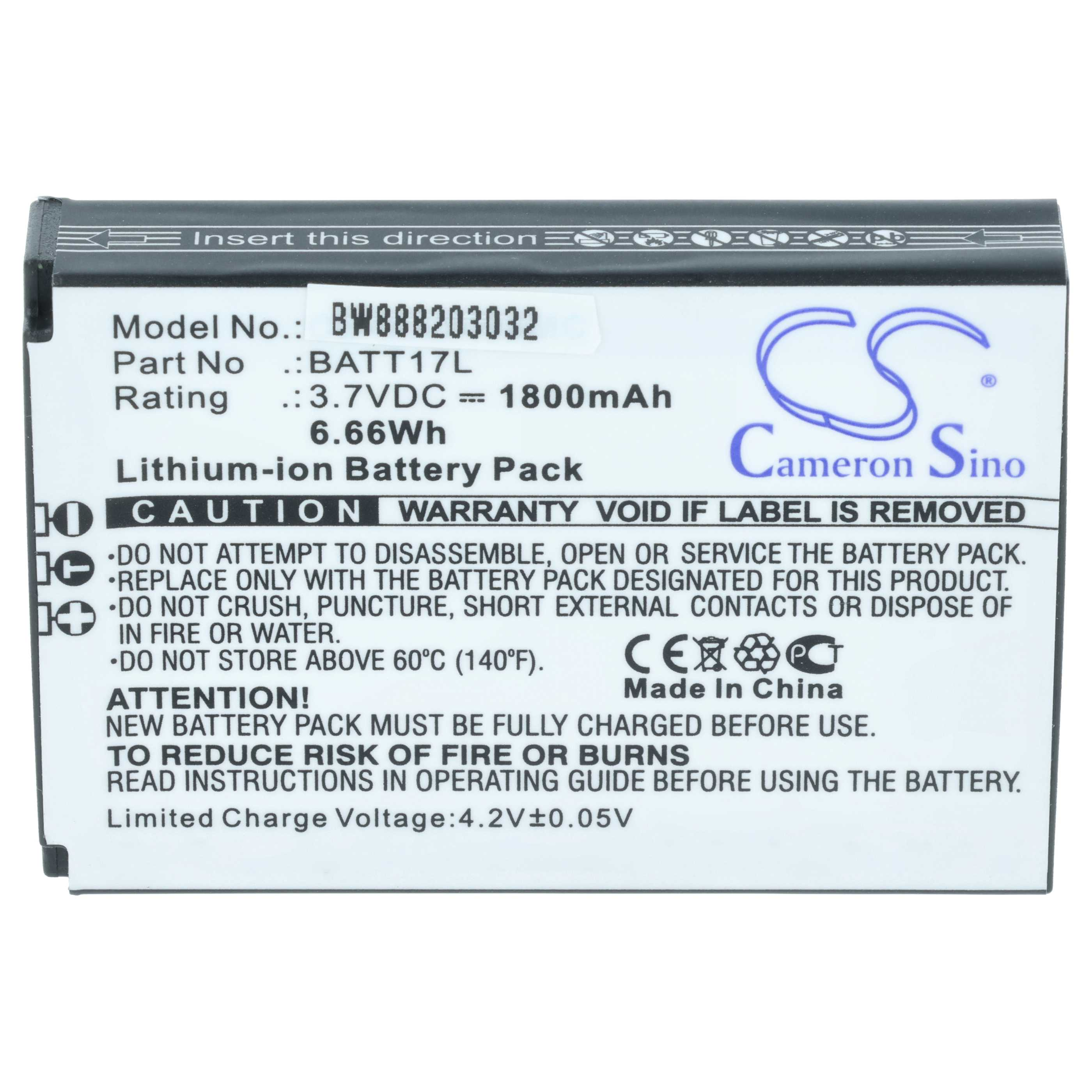 Ein weißes Batterieetikett mit schwarzem Text. Der Text enthält Modell- und Teilenummern, Warnungen und ein blaues Cameron Sino-Logo.
