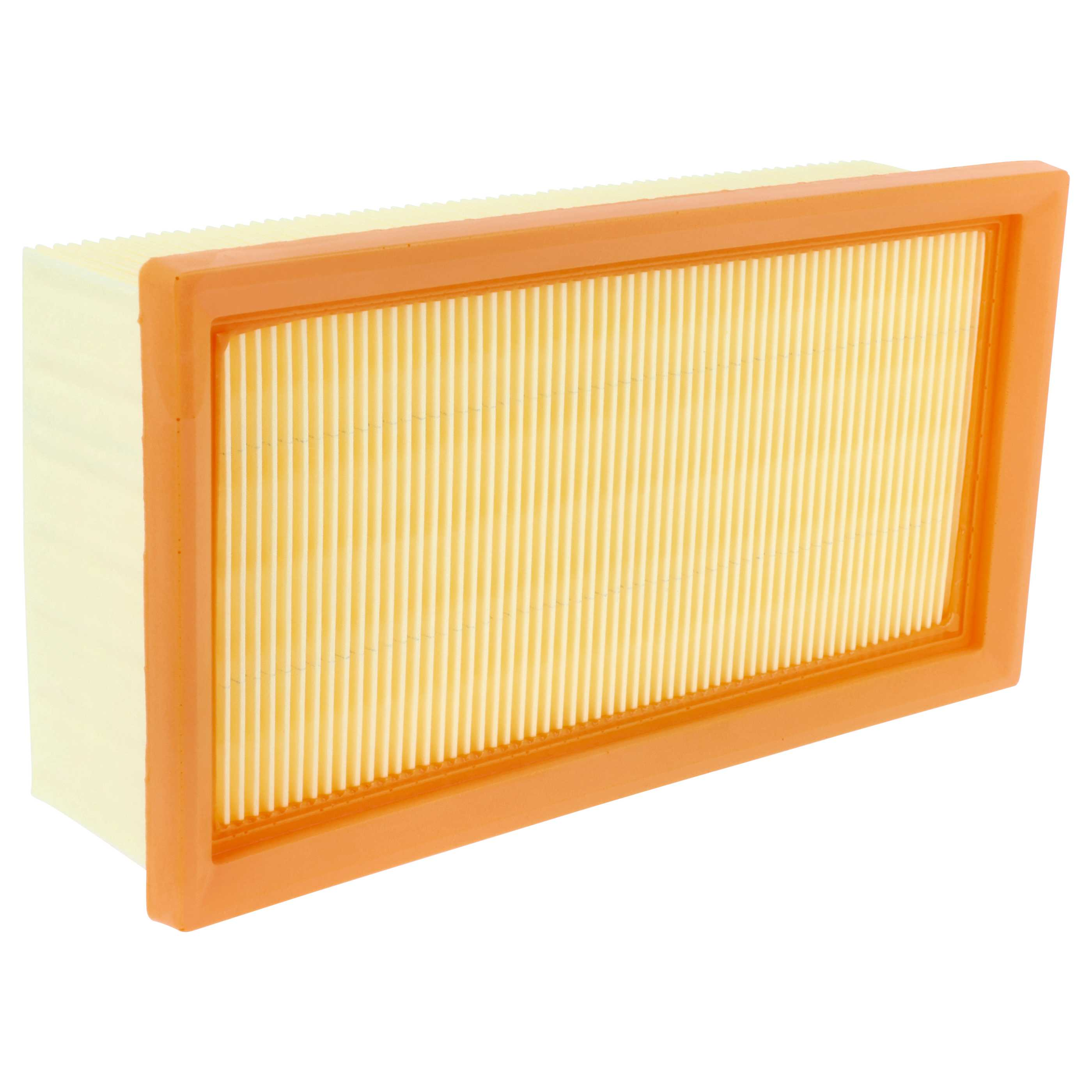 Ein Luftfilter mit einem gelb-orangen, plissierten Filterkern und einem orangefarbenen Kunststoffrahmen, isoliert auf Weiß.