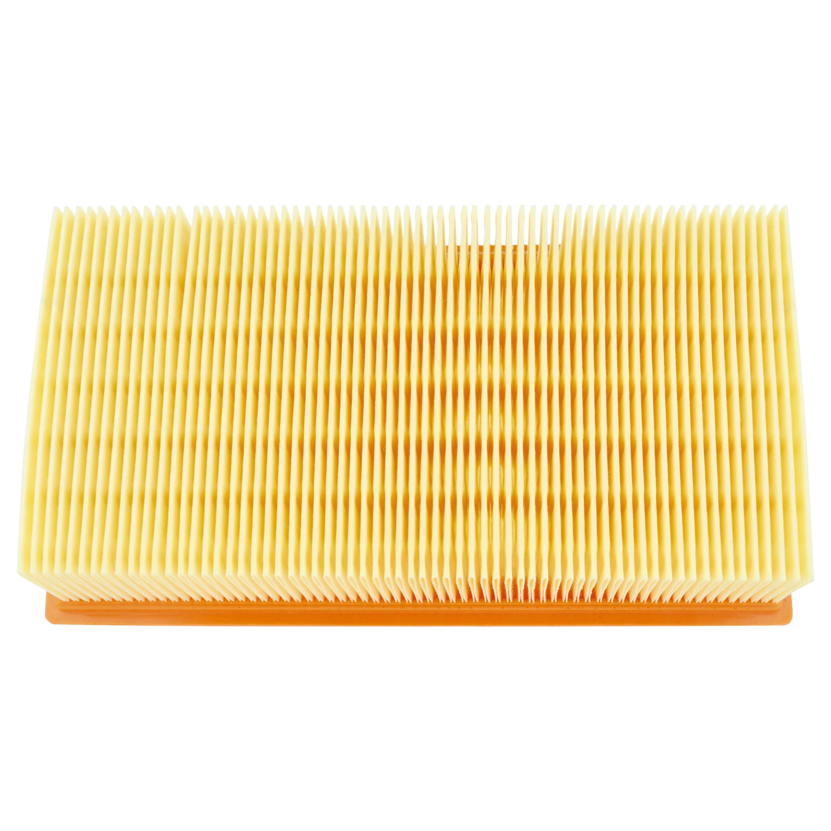 Ein rechteckiger Luftfilter mit gelbem, gefaltetem Filtermaterial und einem orangefarbenen Rahmen vor weißem Hintergrund.
