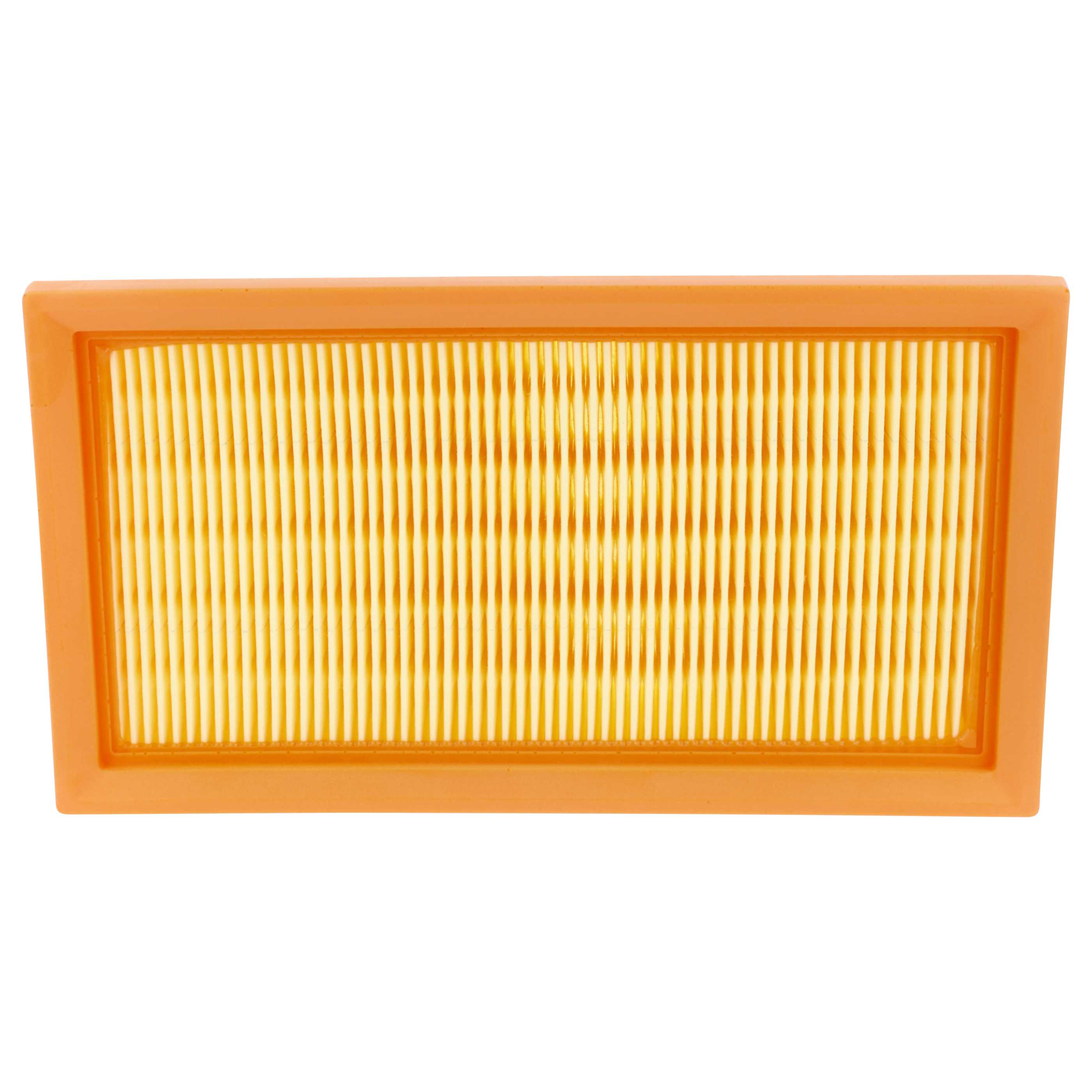 Ein orangefarbener rechteckiger Luftfilter mit gelbem Filtermaterial im Inneren und einem weißen Hintergrund.