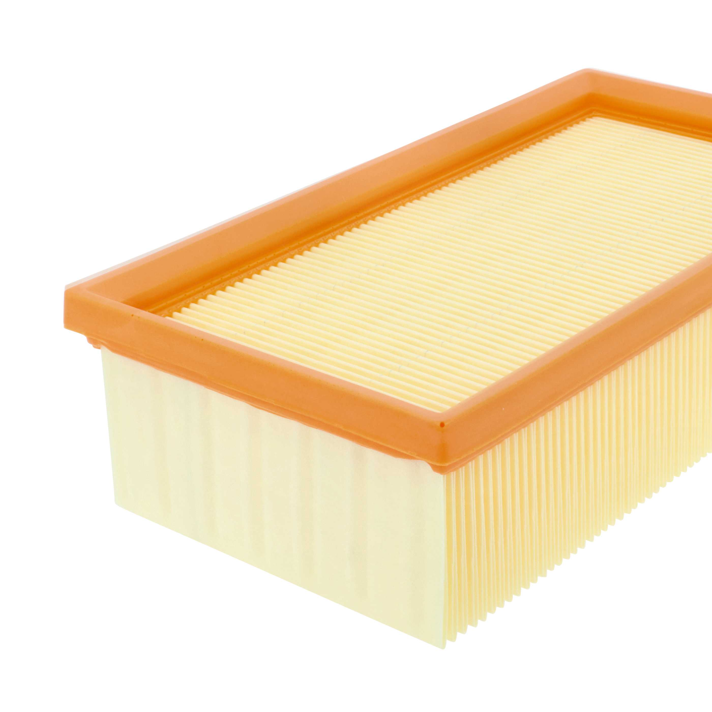 Ein Luftfilter mit gelbem, plissiertem Filterelement und orangefarbenem Rahmen. Isoliert auf weißem Grund.