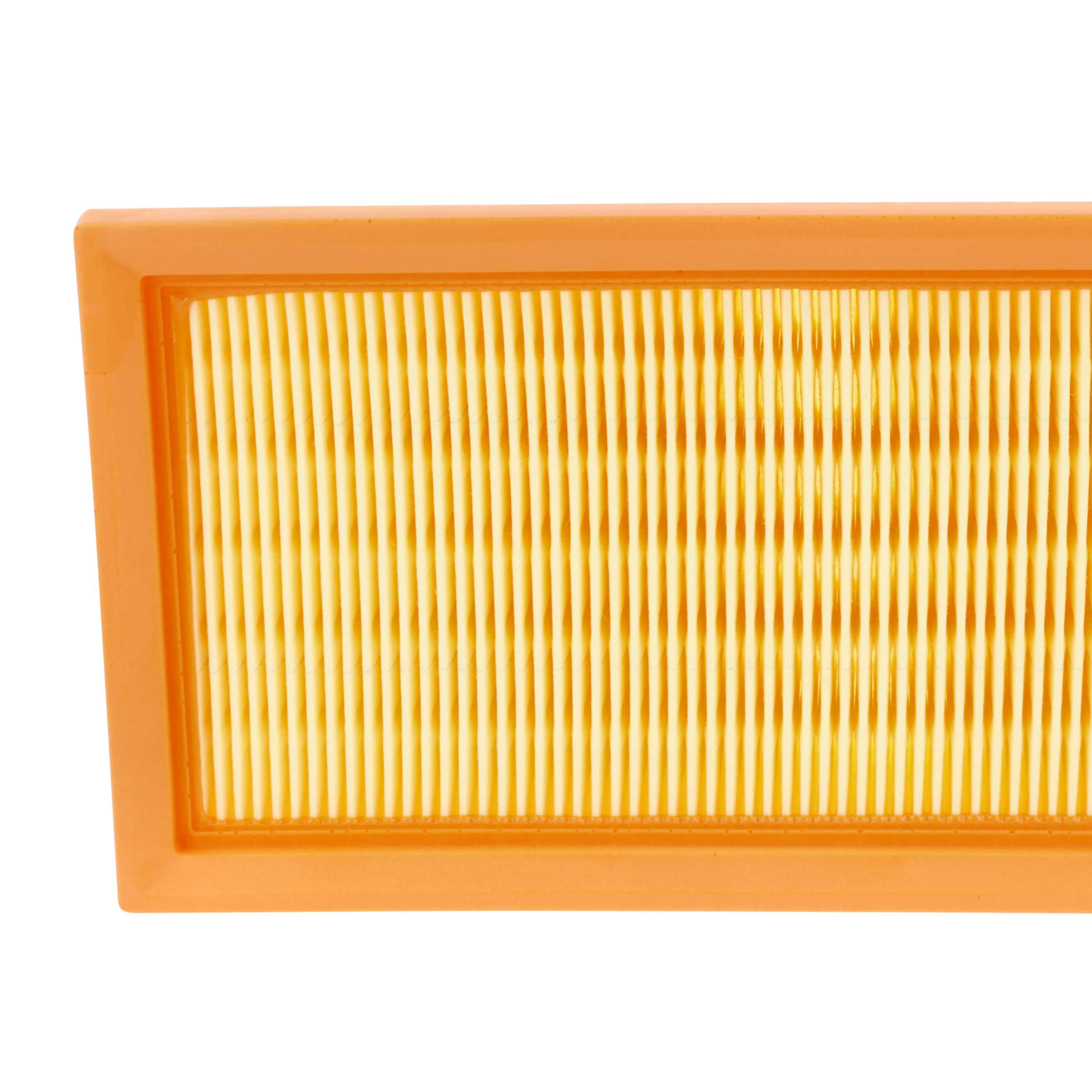 Ein Luftfilter mit orangefarbenem Rahmen und gelbem Filtermedium. Vertikale Rippen sind sichtbar.