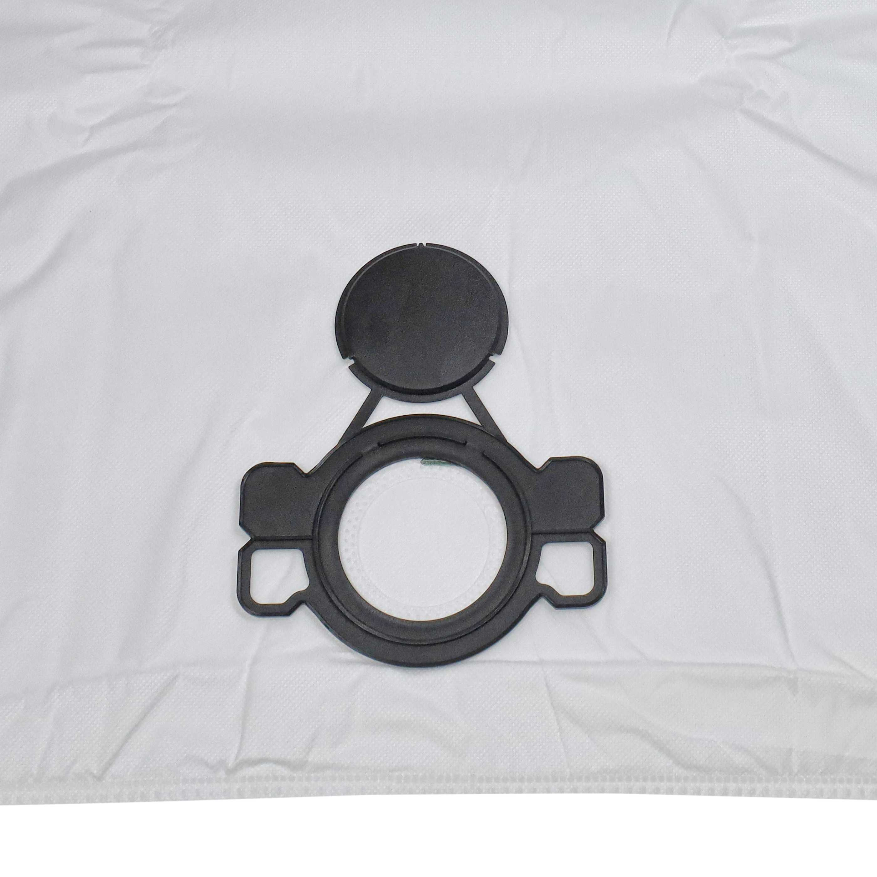 Ein schwarzes Kunststoff-Staubsaugerteil ist auf einem weißen, strukturierten Filter zentriert. Das Teil hat ein kreisförmiges Design.
