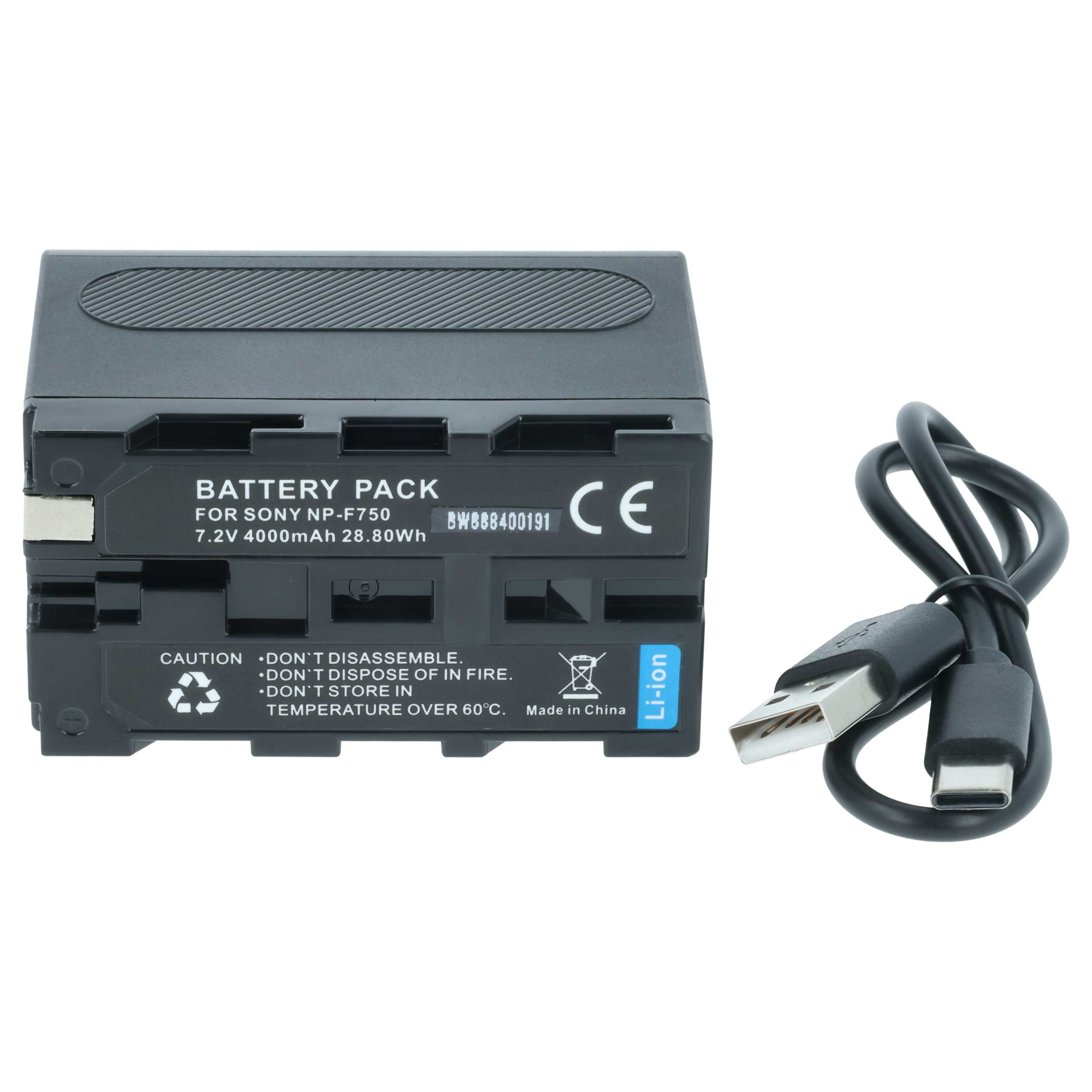 Ein schwarzes Akkupack mit USB-Kabel auf weißem Hintergrund. Das Pack hat Text und Symbole.
