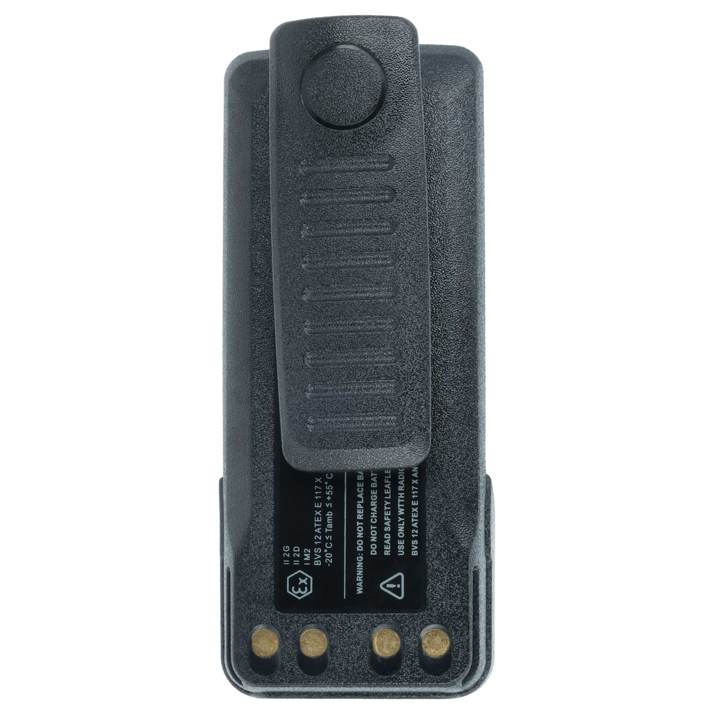 Schwarzer Funkbatteriepack mit Clip, Etikett und goldfarbenen Kontakten auf weißem Hintergrund.