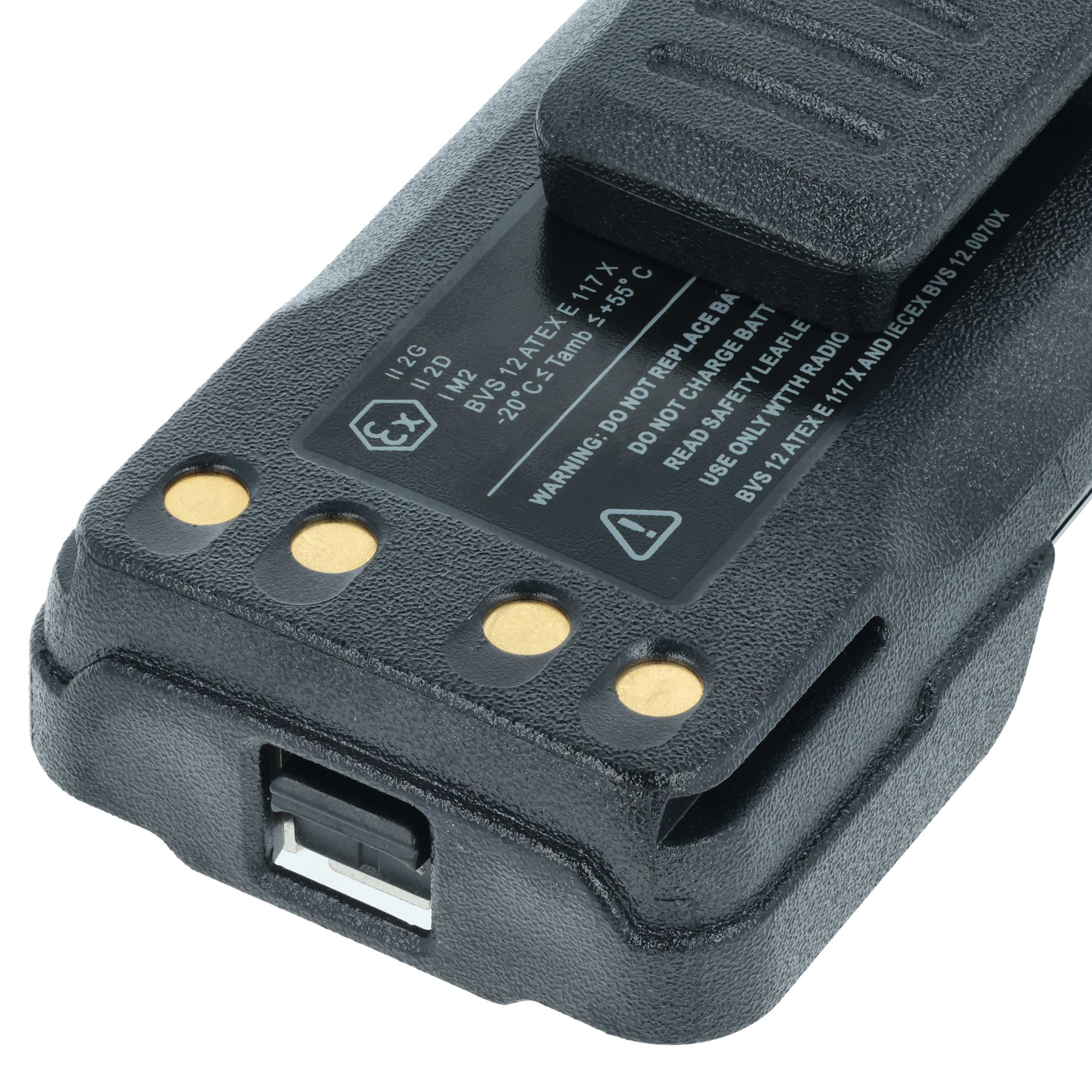 Schwarzer Funkbatteriepack. Es hat Warnhinweise und goldfarbene Kontaktpunkte. Oben ist ein Clip.