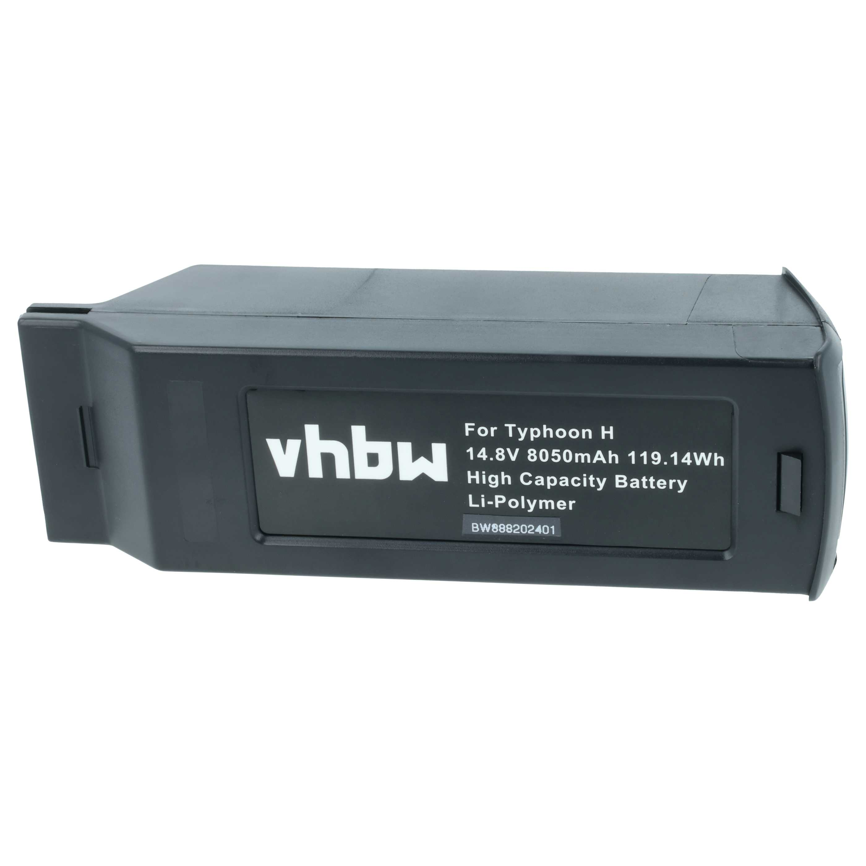Ein dunkelgraues Akkupack. Auf ihm steht: vhbw, For Typhoon H, 14,8V 8050mAh, High Capacity Battery, Li-Polymer.