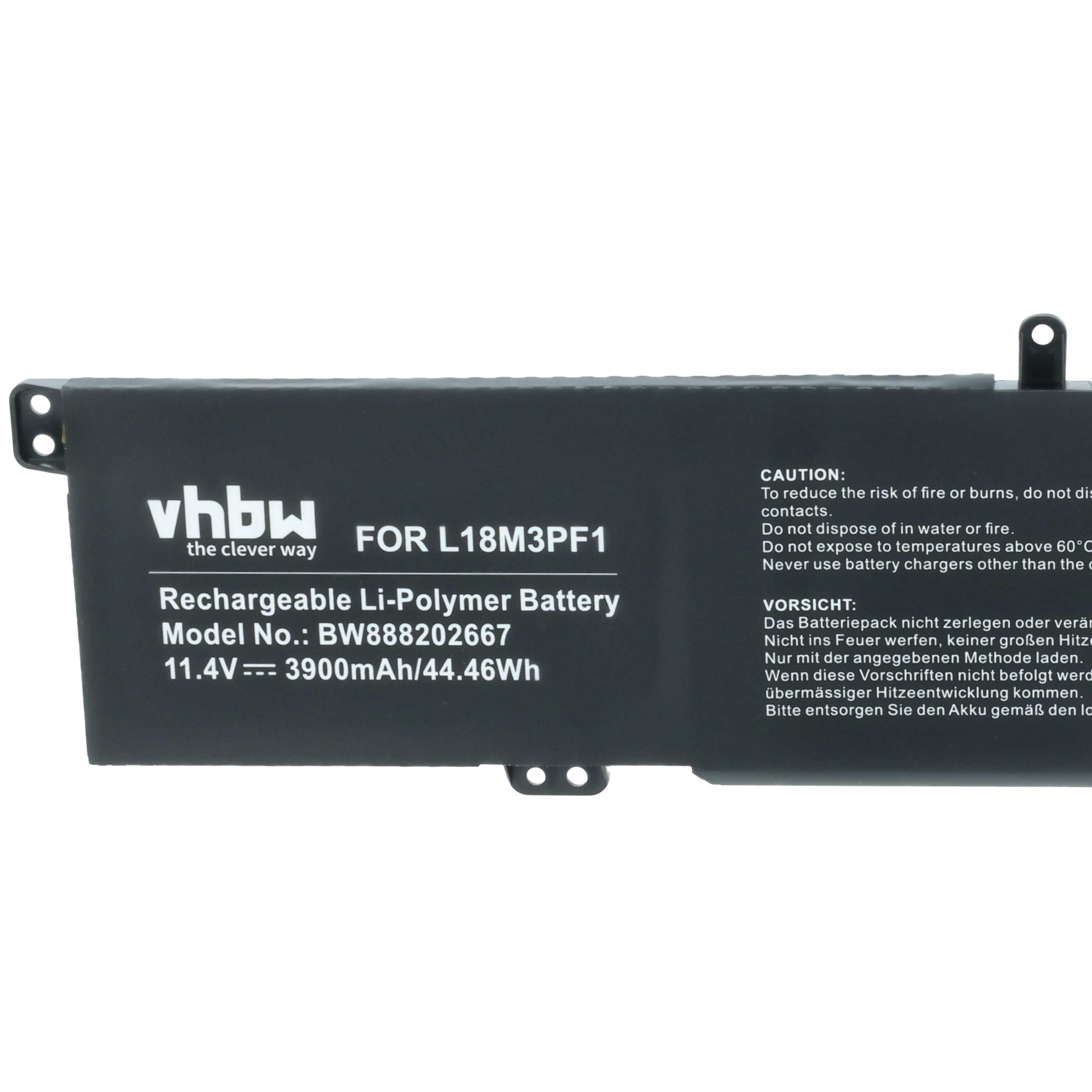 Ein schwarzer Akku mit weißem Text. Es steht 'vhbw' und 'Rechargeable Li-Polymer Battery'.