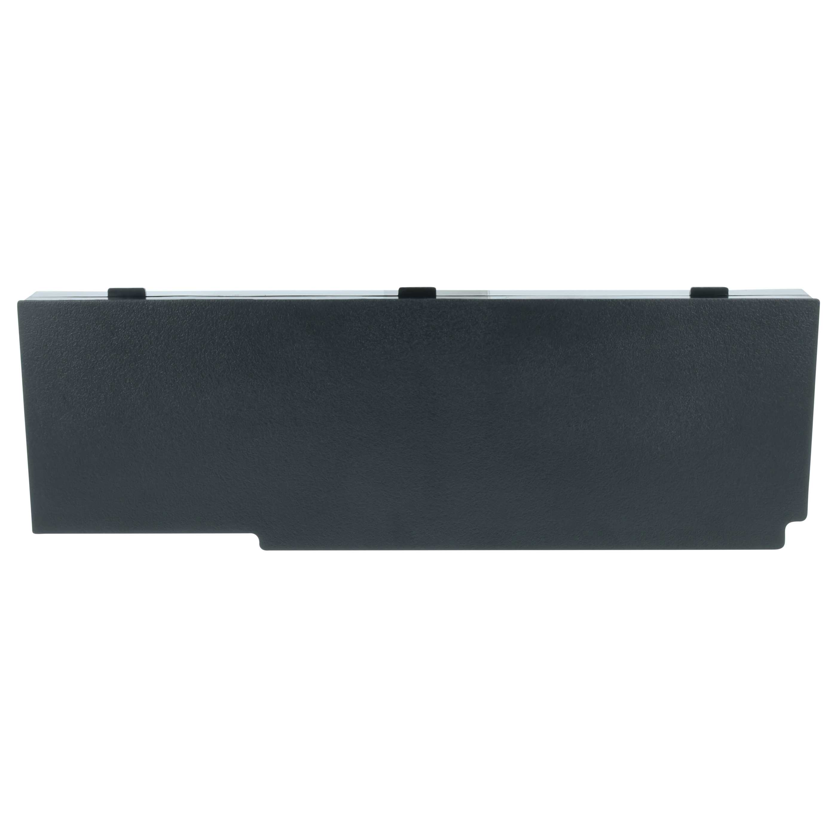 Ein dunkelgraues rechteckiges Kunststoffteil mit drei kleinen Laschen oben. Es ist wahrscheinlich ein Laptop-Bauteil.