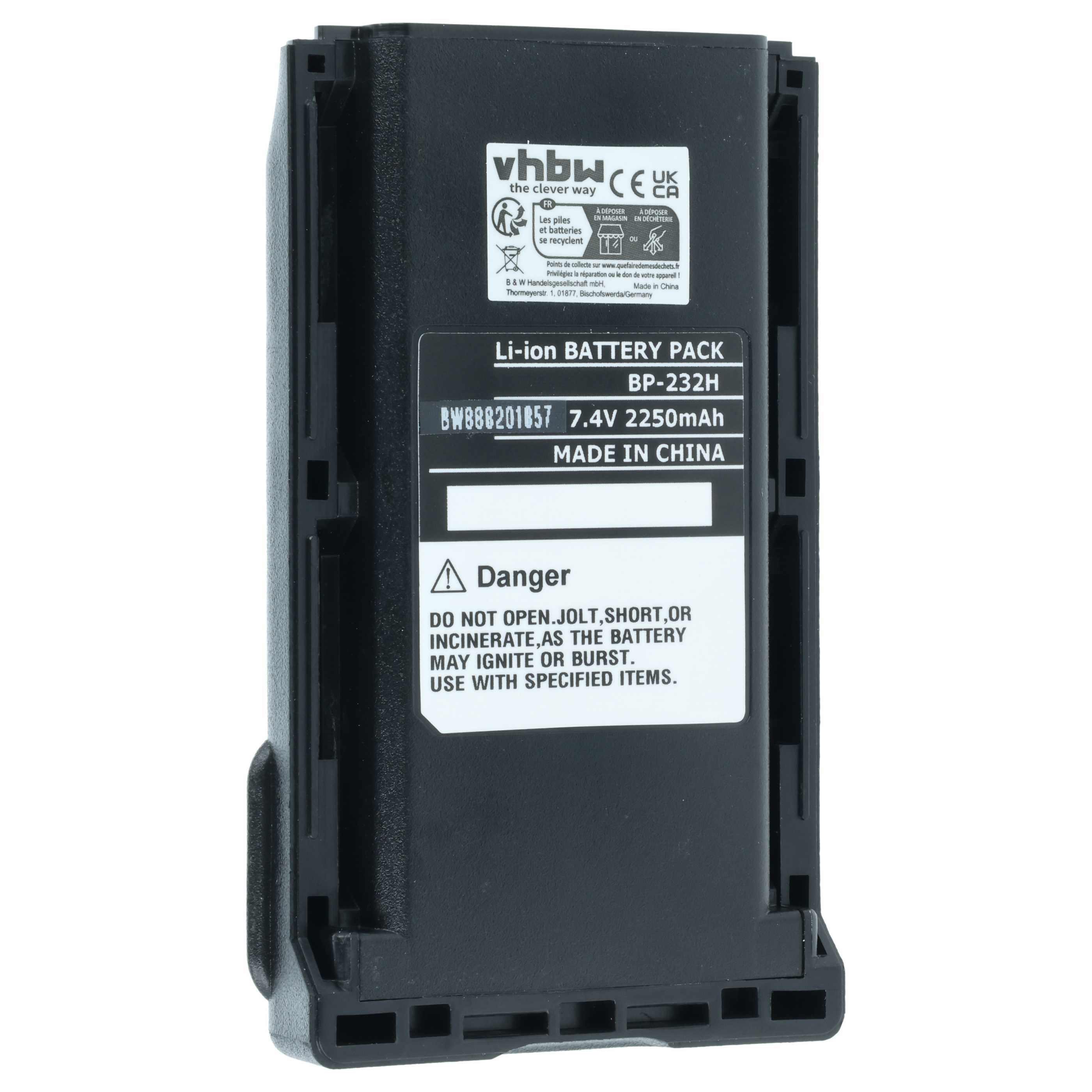 Ein schwarzes Akkupack mit weißen Etiketten. Text: Li-Ion, Gefahr und technische Daten.
